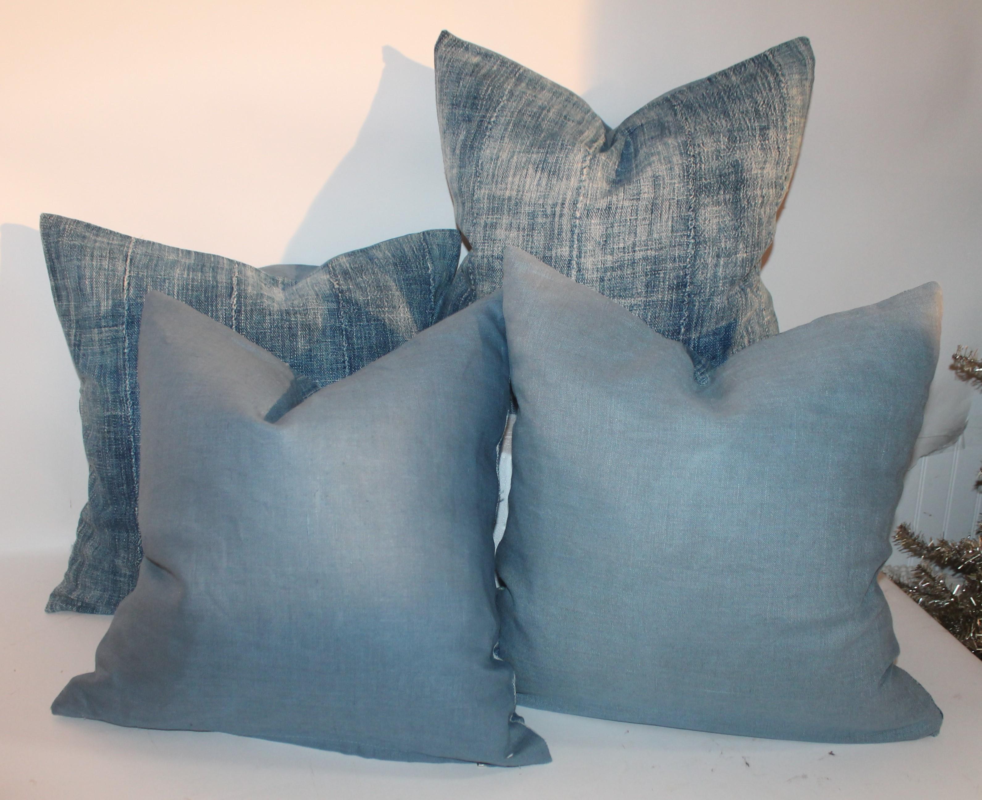 19th Century Blue Homespun Linen Pillows / Group of Four In Good Condition For Sale In Los Angeles, CA
