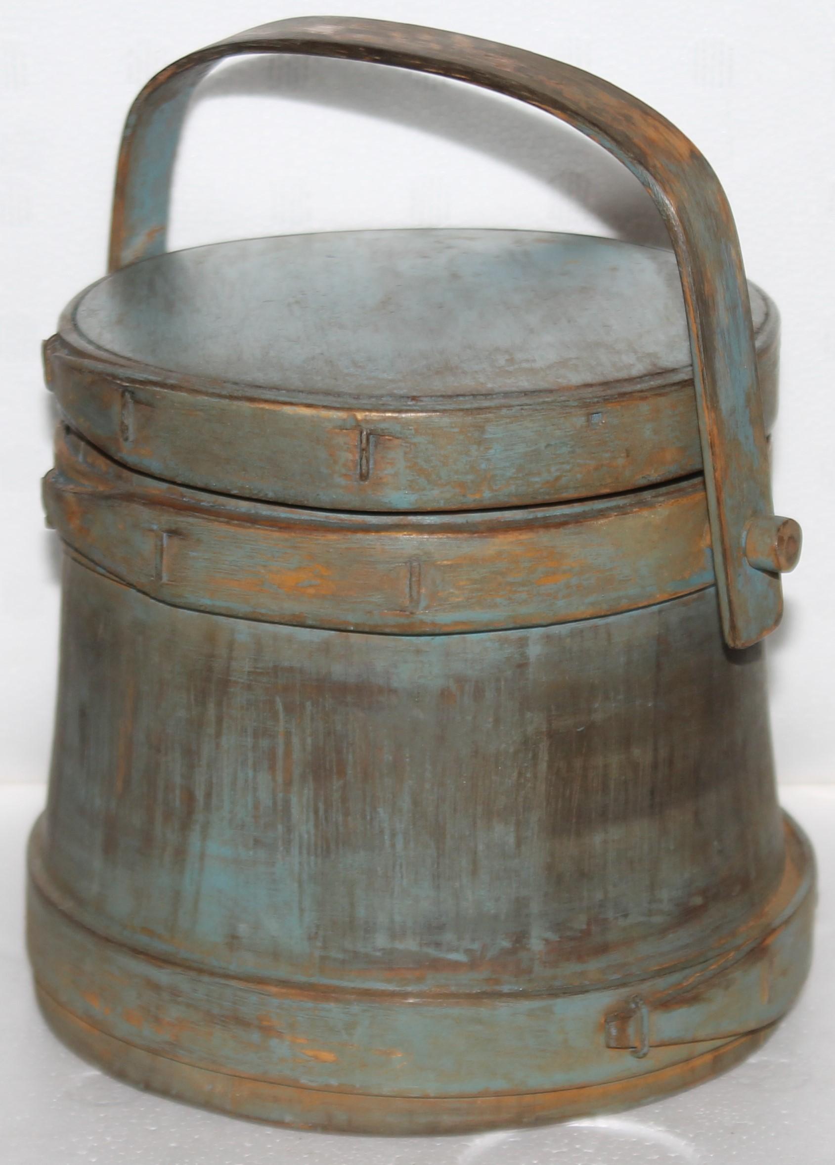 This 19thc blue painted furkin or sugar bucket is such a cute small scale size and great later blue painted surface.