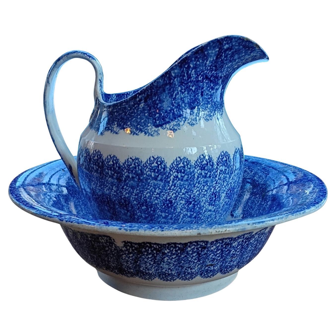 19thc Blue Spatter Ware Pitcher & Bowl Set