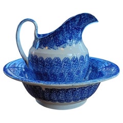 Juego de jarra y cuenco de loza azul del s. XIX