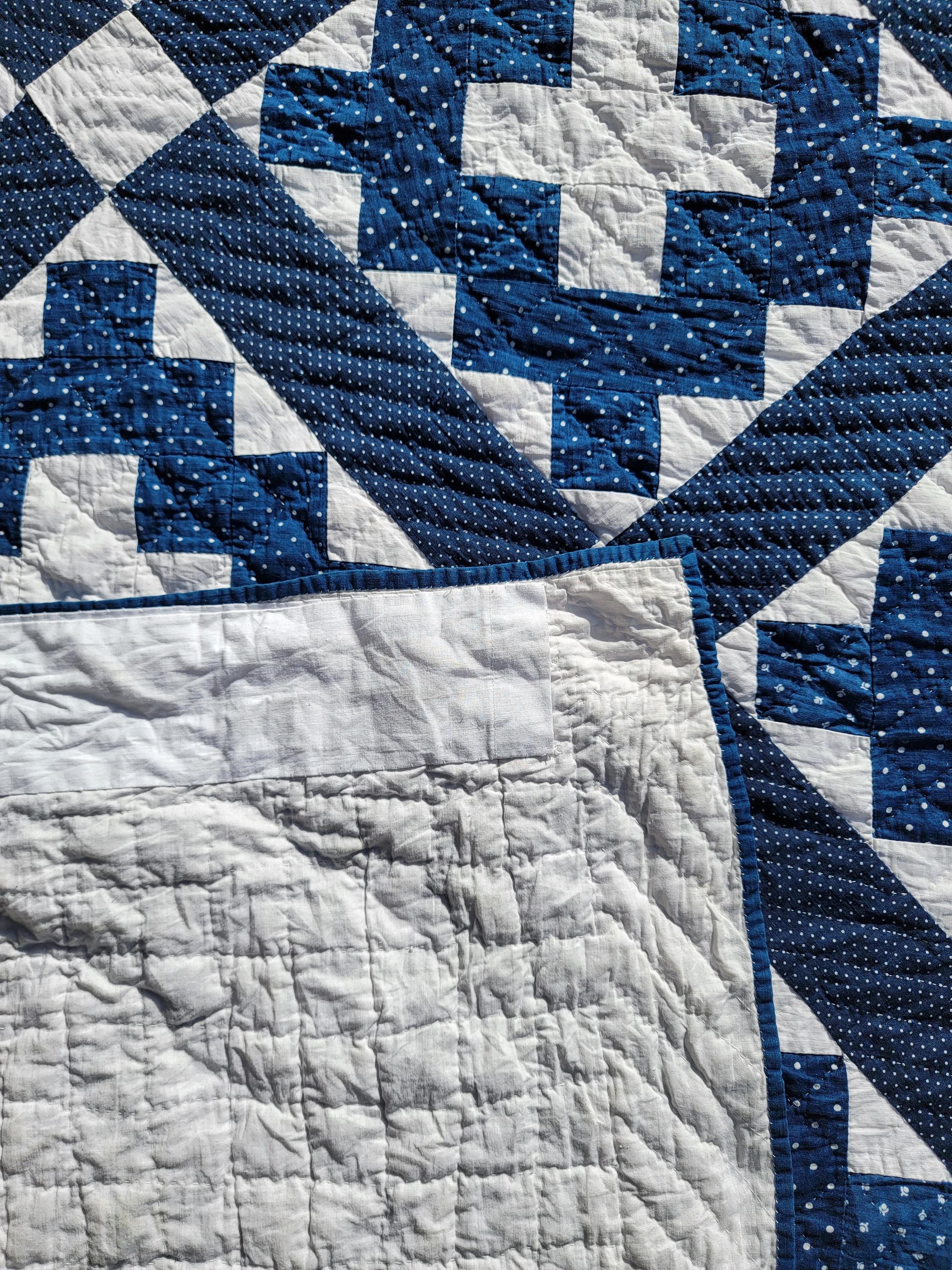 This fine 19thc indigo & white quilt was found in Pennsylvania and is in fine condition. The backing is in white cotton muslin.