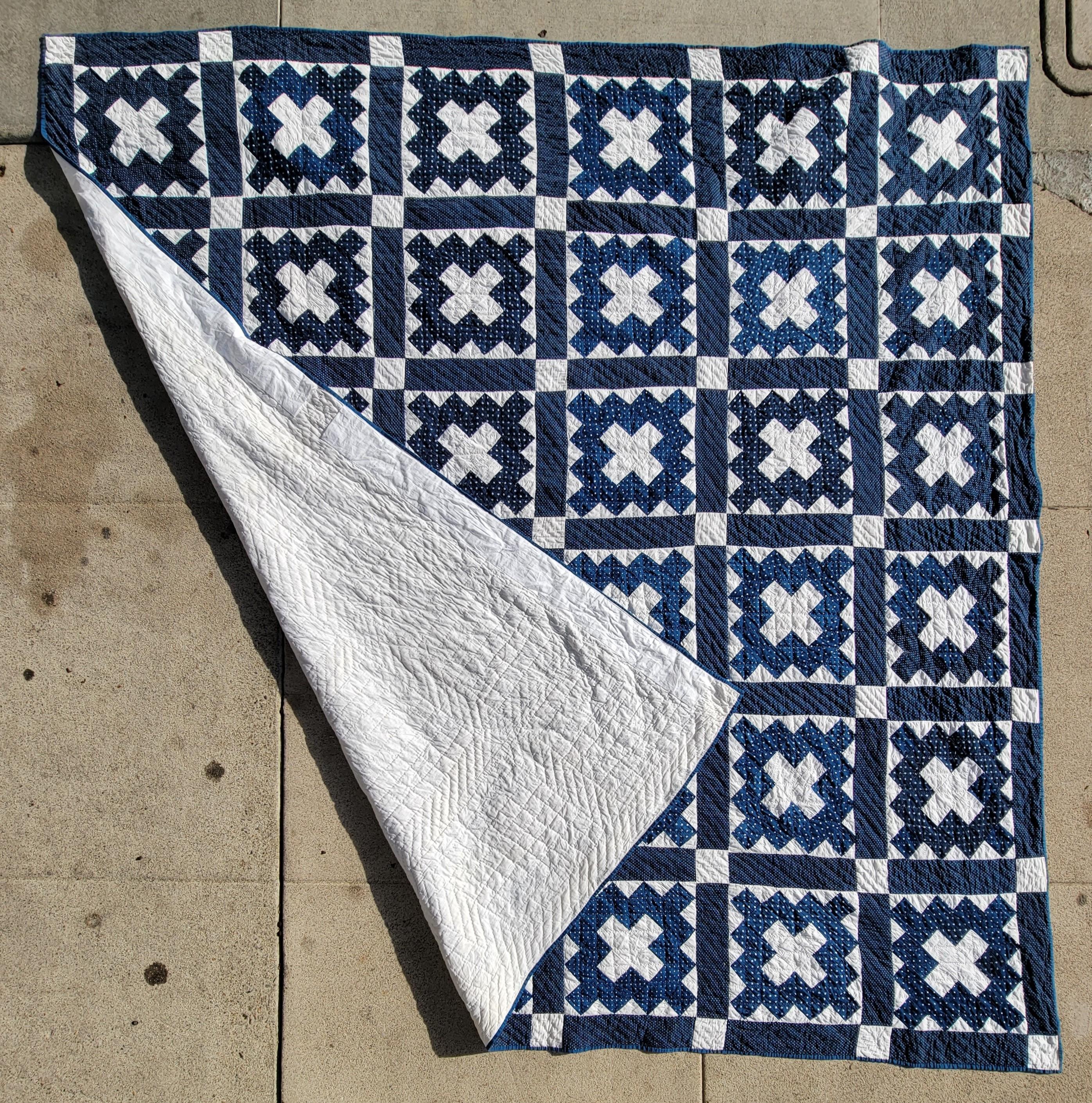 Hand-Crafted 19thc Blue & White Chimney Sweep Quilt For Sale