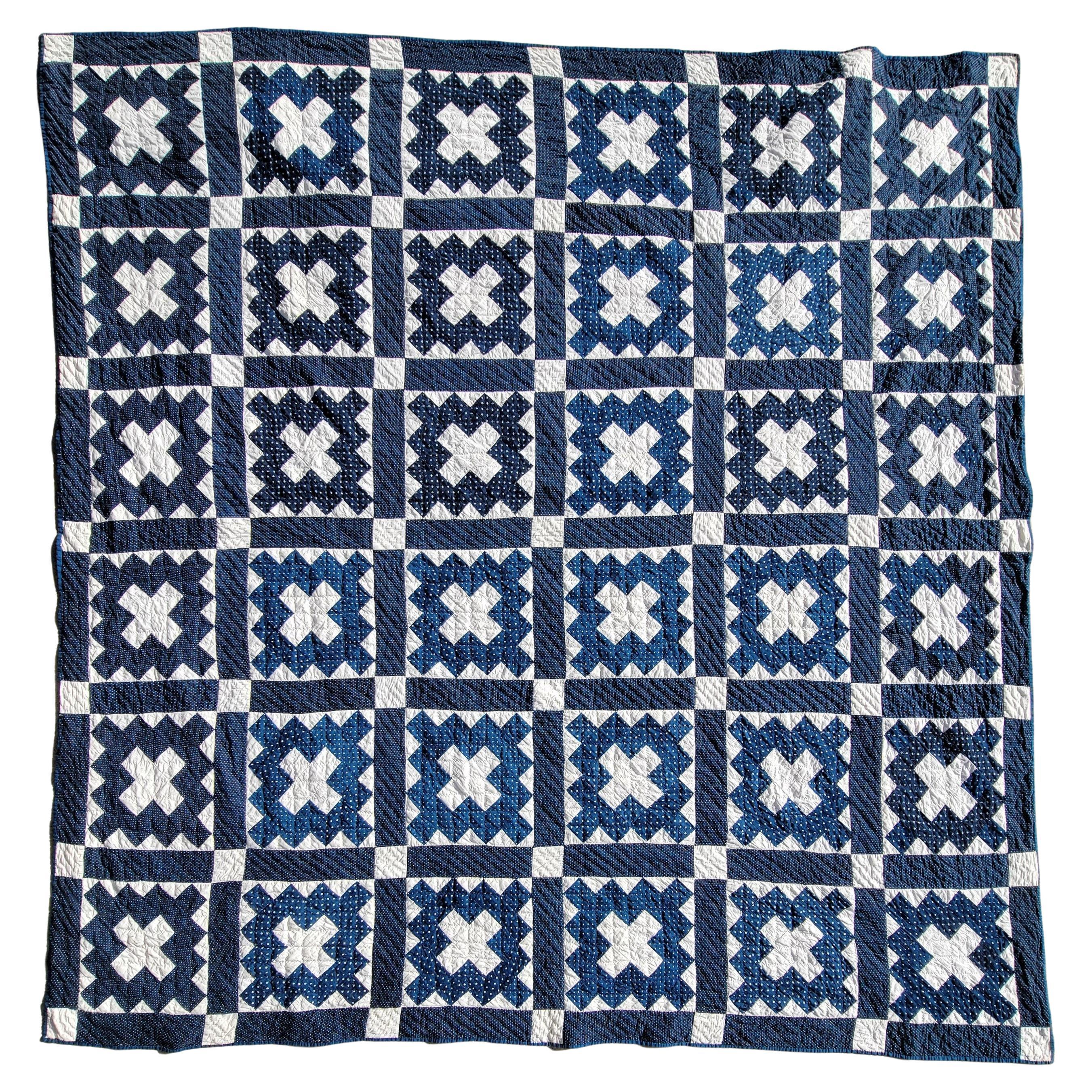19thc Blue & White Chimney Sweep Quilt For Sale