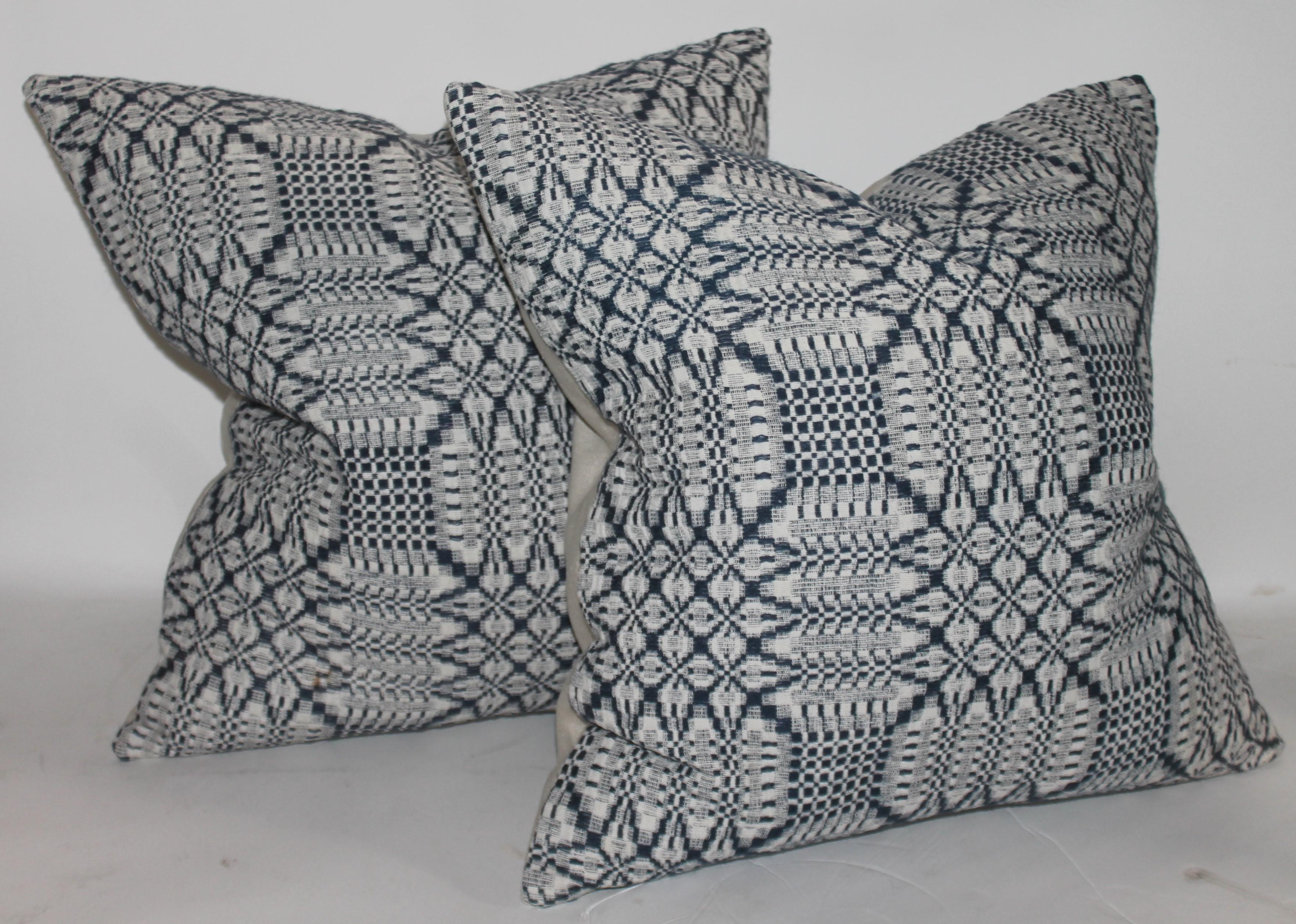 Adirondack 19thc Blue & White Coverlet Pillows, Collection of Four For Sale