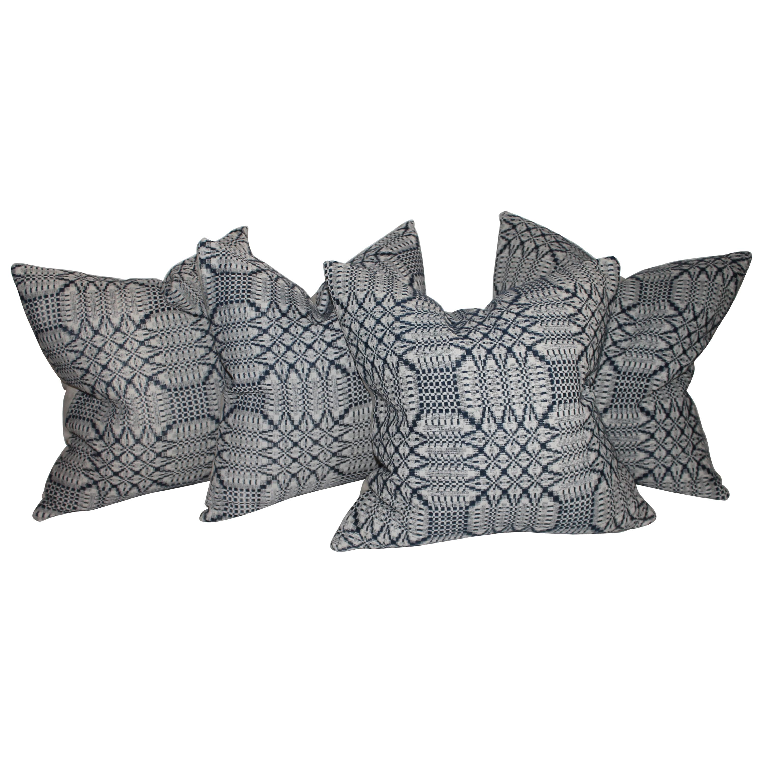 19thc Blue & White Coverlet Pillows, Collection of Four For Sale