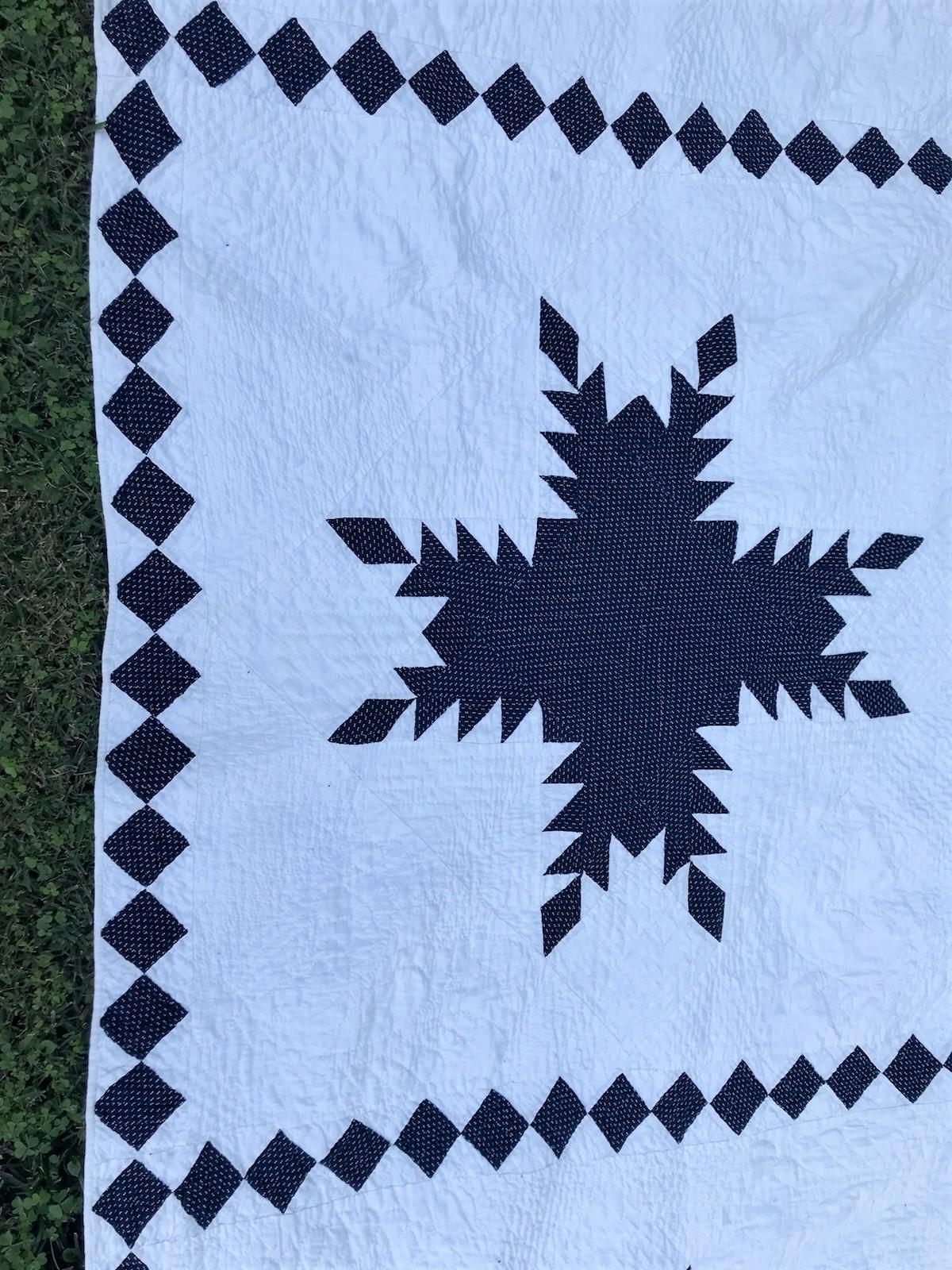 Country 19th Century Blue and White Feathered Star Quilt