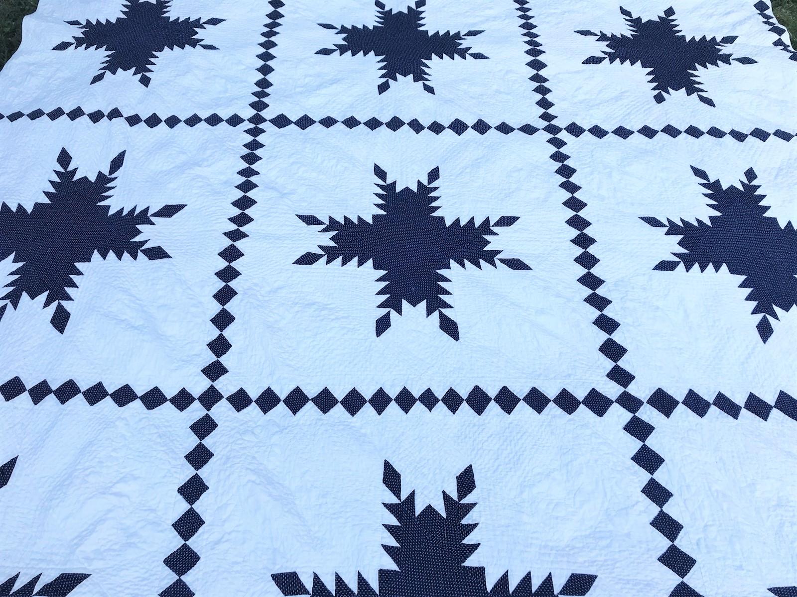 American 19th Century Blue and White Feathered Star Quilt