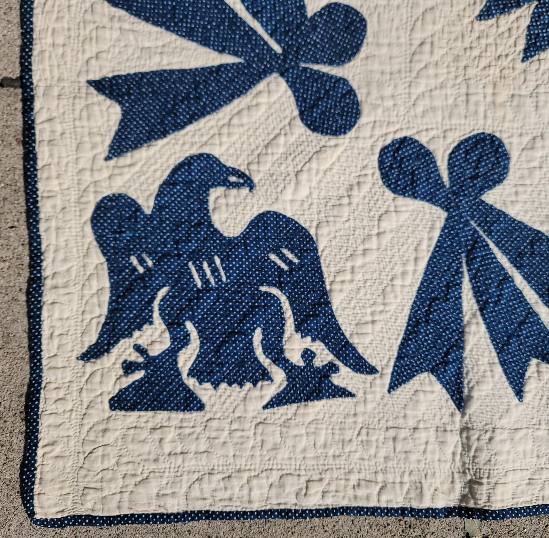 American 19th Century Blue & White Floral & Birds Applique Quilt