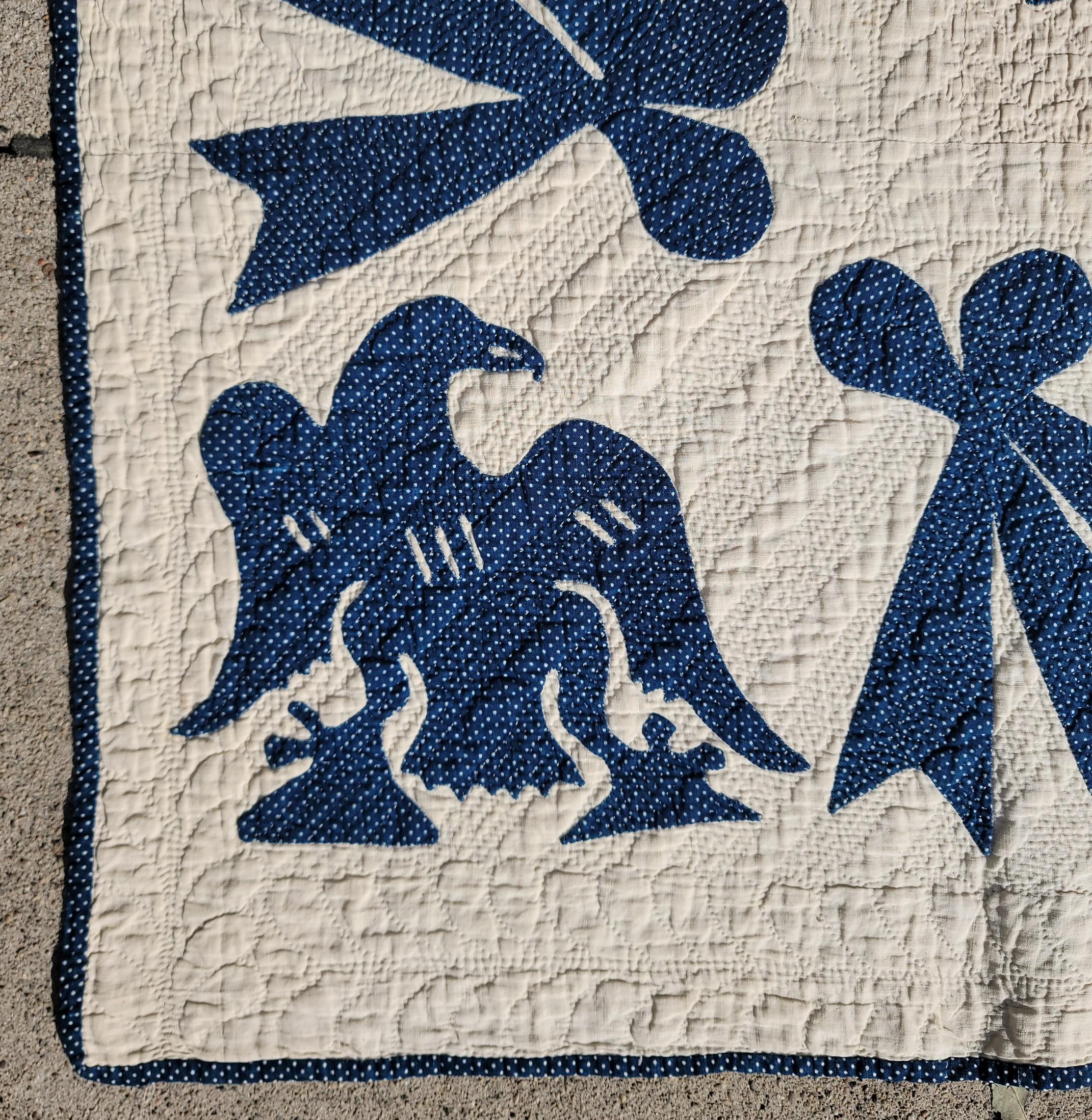 Hand-Crafted 19th Century Blue & White Floral & Birds Applique Quilt