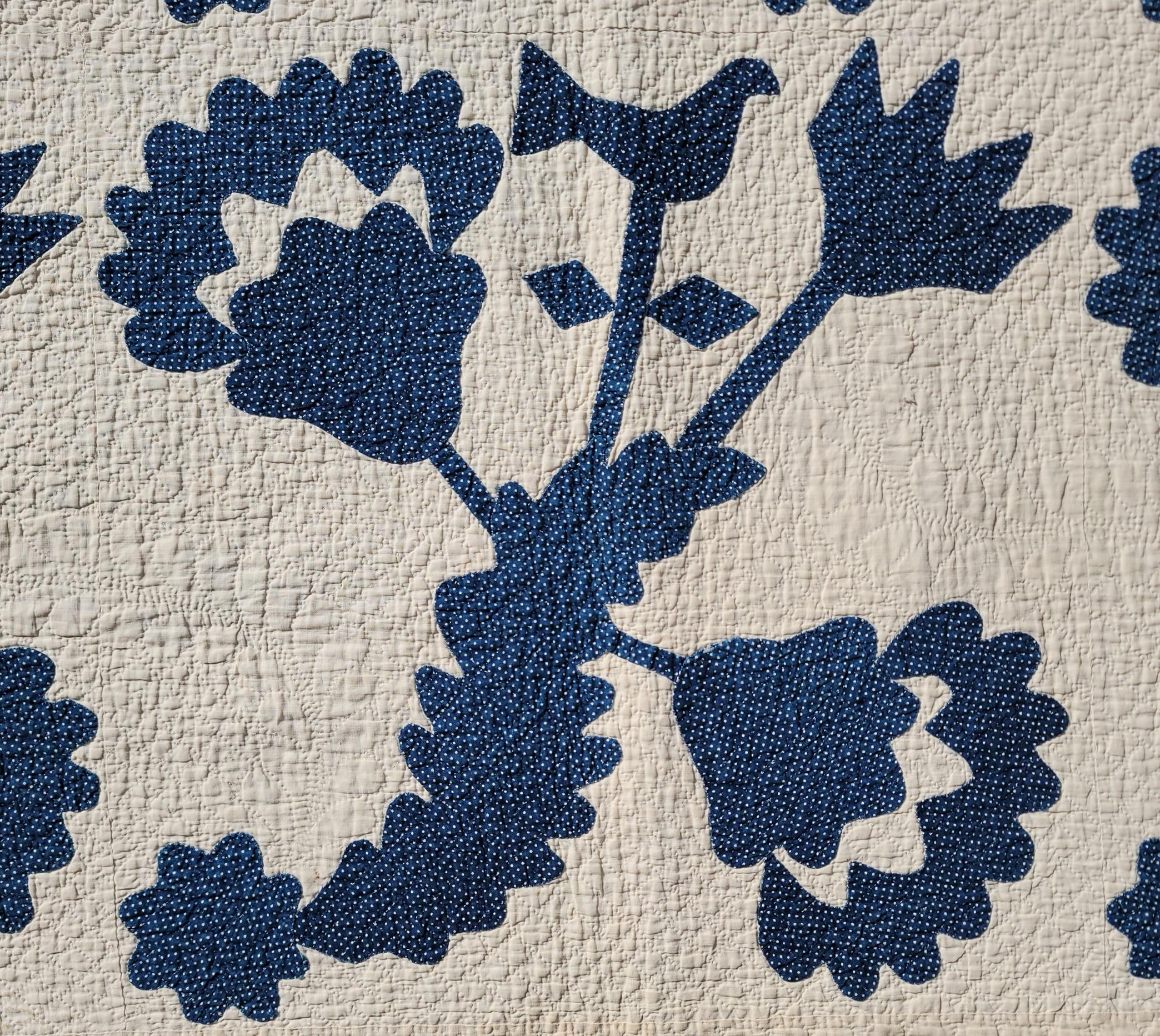 Cotton 19th Century Blue & White Floral & Birds Applique Quilt