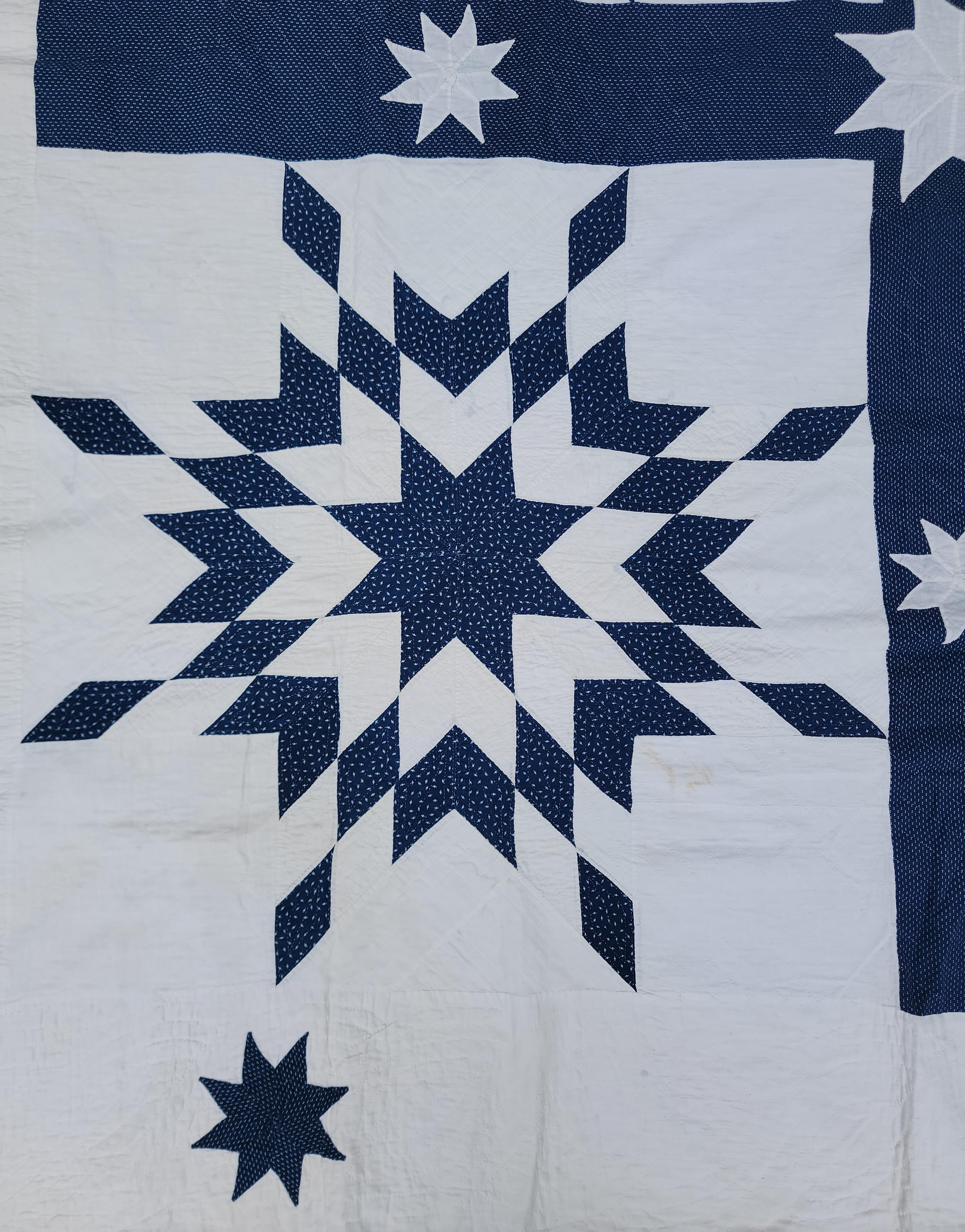 Country 19Thc Blue & White Folky Stars Quilt For Sale