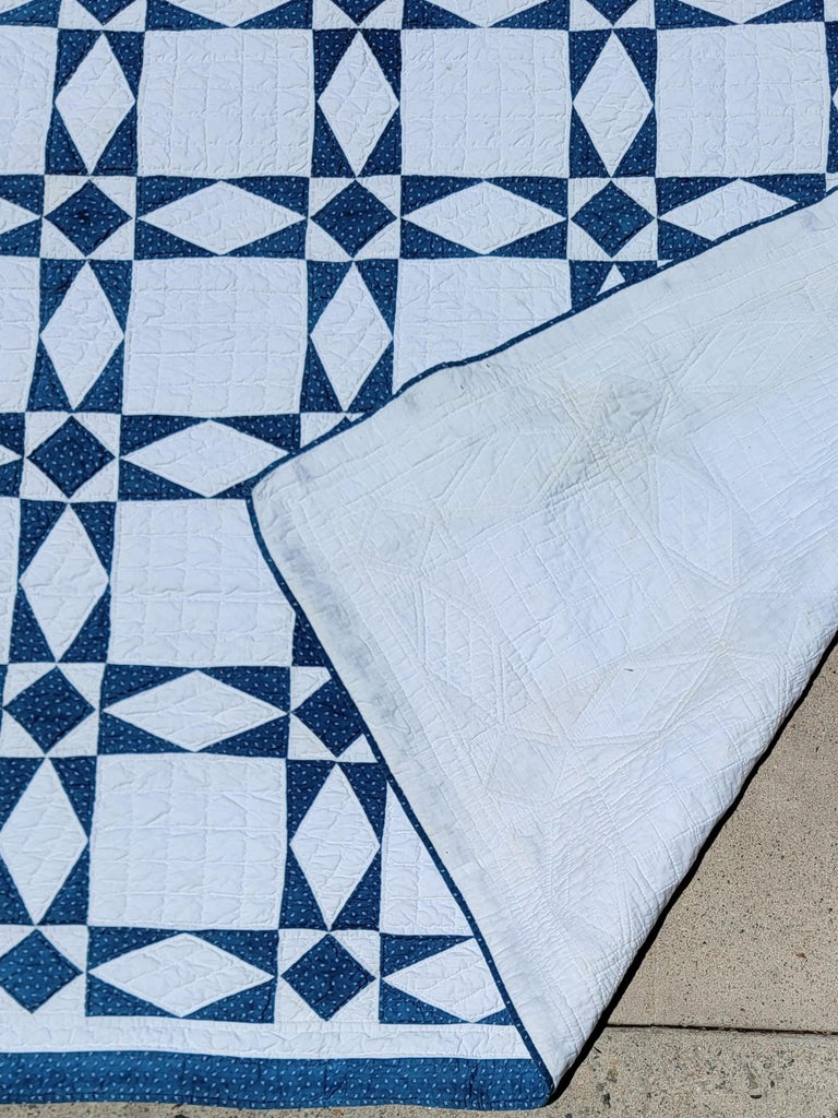 Country 19Thc Blue & White Folky Stars Quilt For Sale