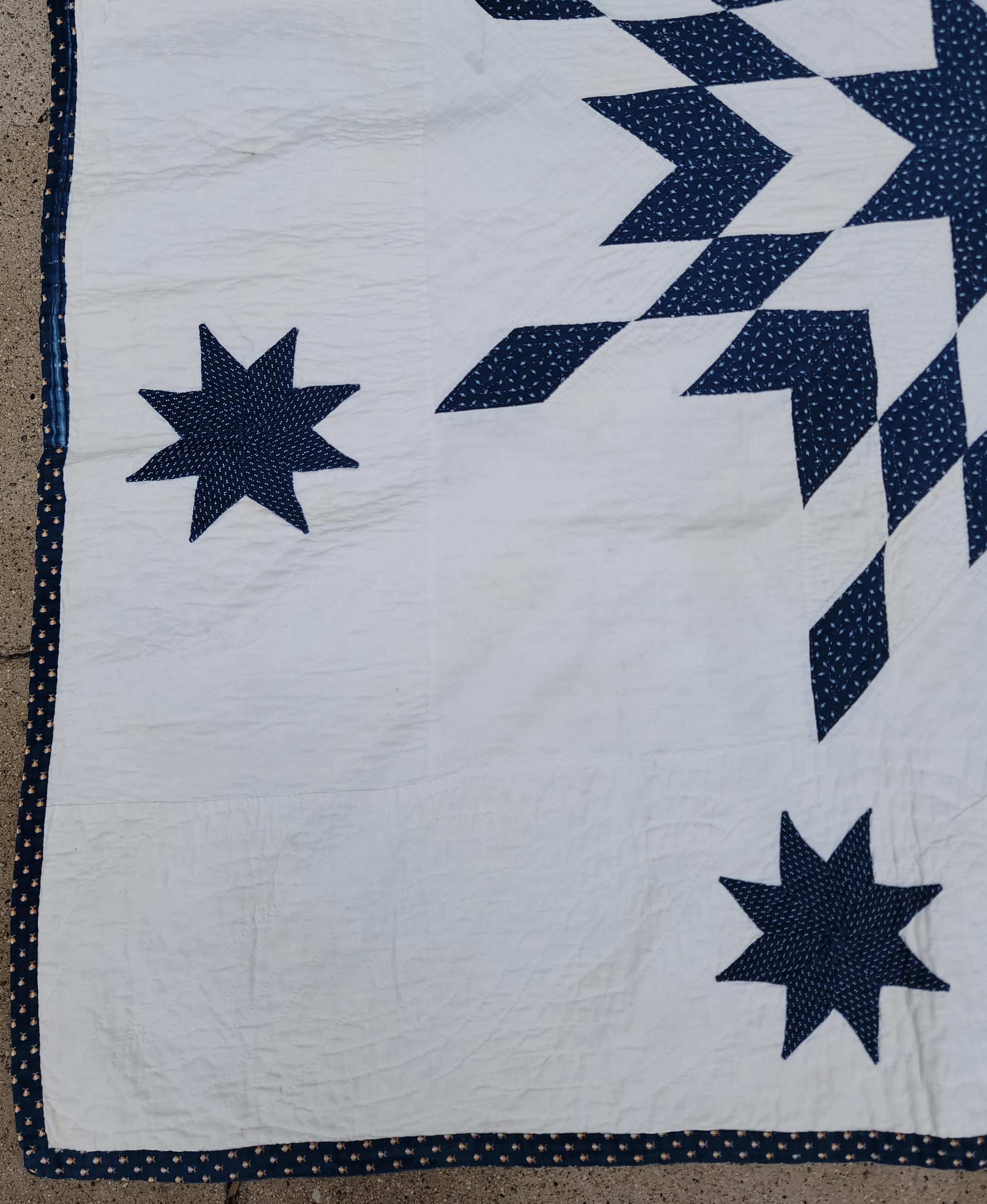 American 19Thc Blue & White Folky Stars Quilt For Sale