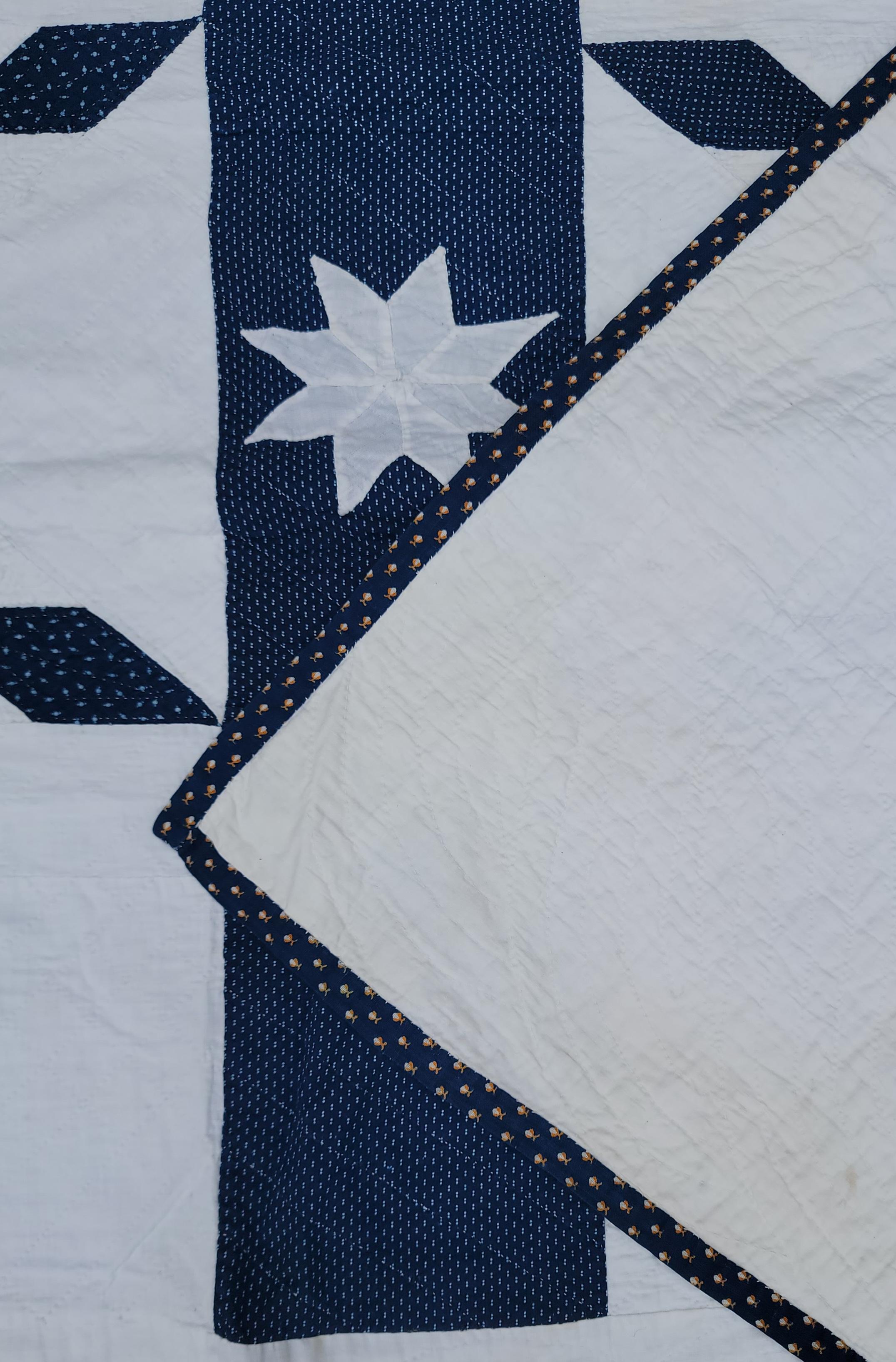 Hand-Crafted 19Thc Blue & White Folky Stars Quilt For Sale