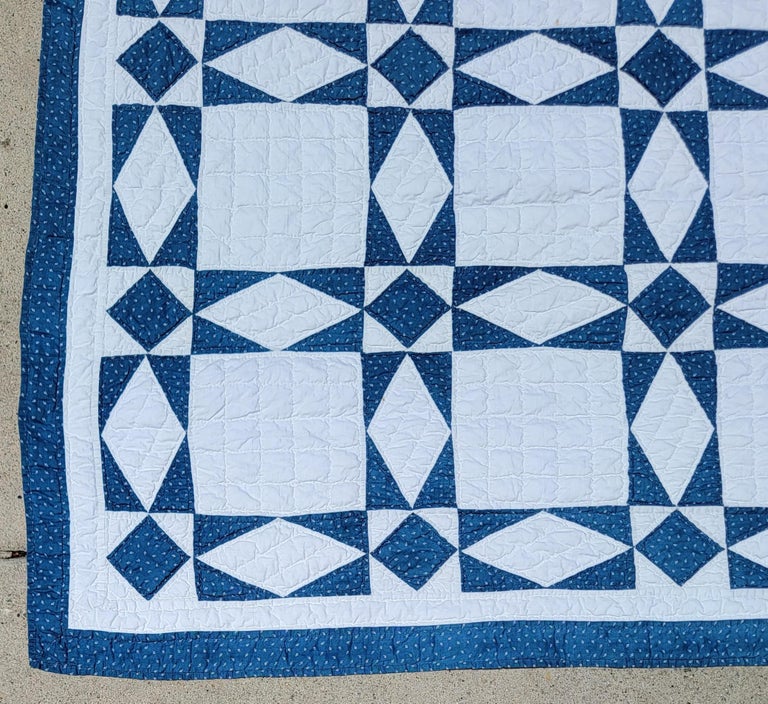 Late 19th Century 19Thc Blue & White Folky Stars Quilt For Sale