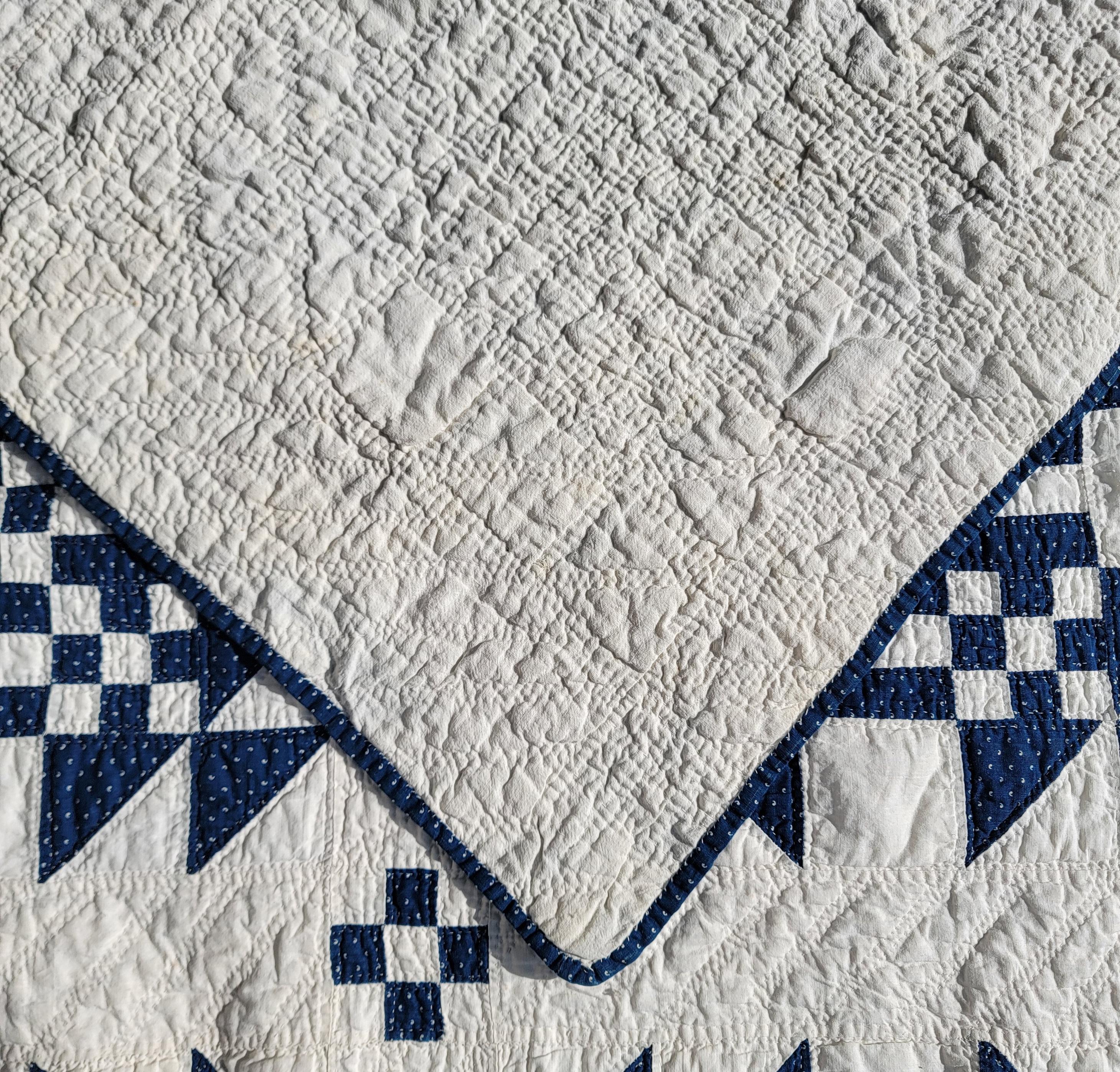 Country 19thc Blue & White Geometric Nine Patch Quilt