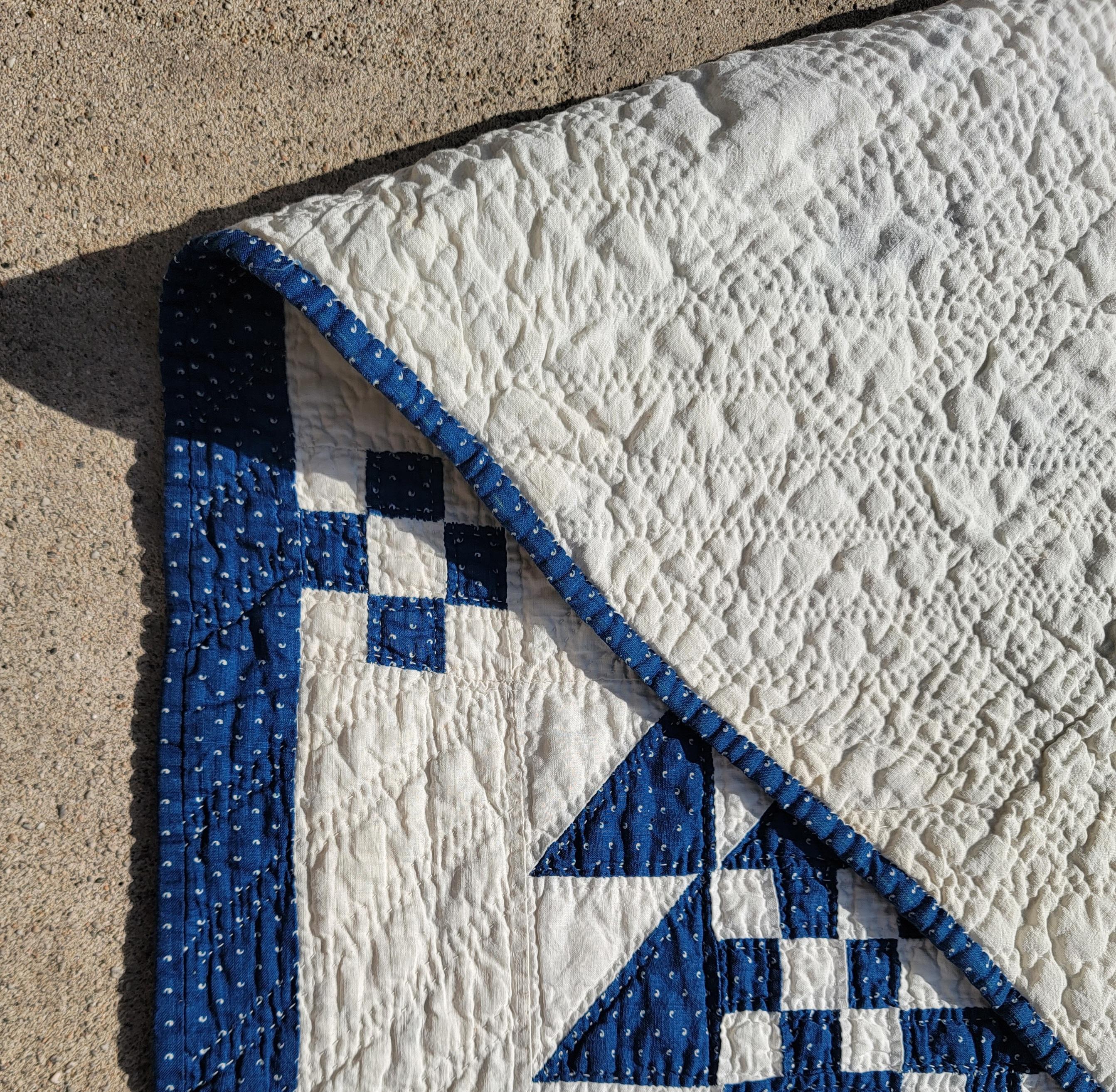 American 19thc Blue & White Geometric Nine Patch Quilt