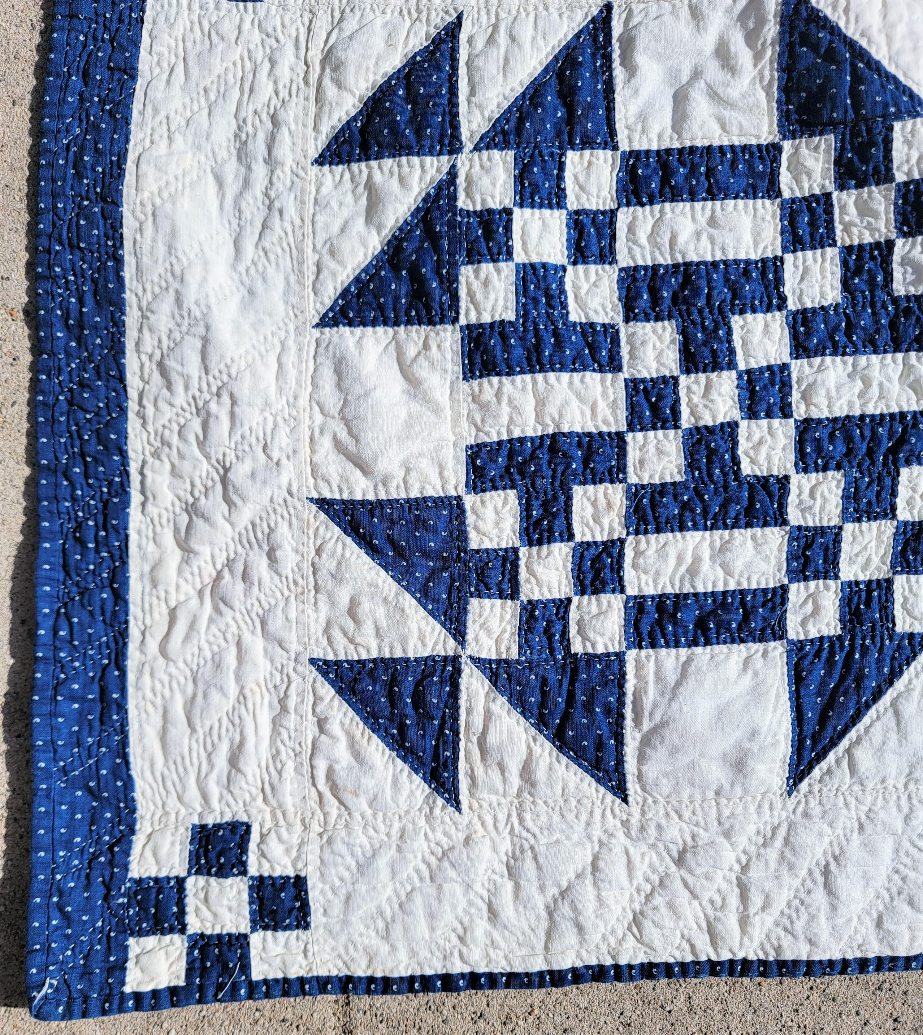 Hand-Crafted 19thc Blue & White Geometric Nine Patch Quilt