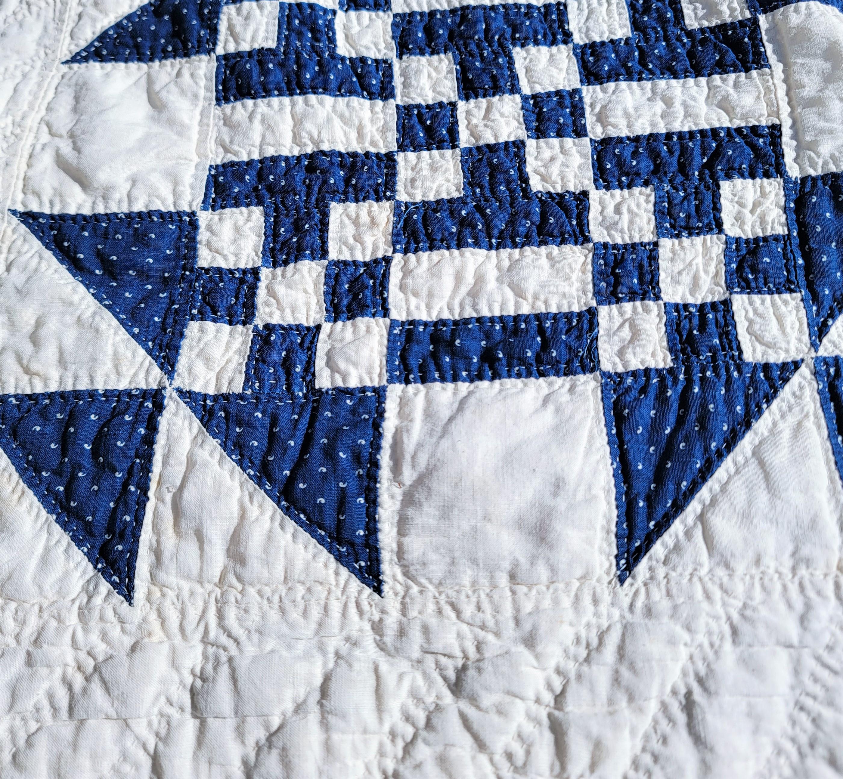 19thc Blue & White Geometric Nine Patch Quilt In Good Condition In Los Angeles, CA