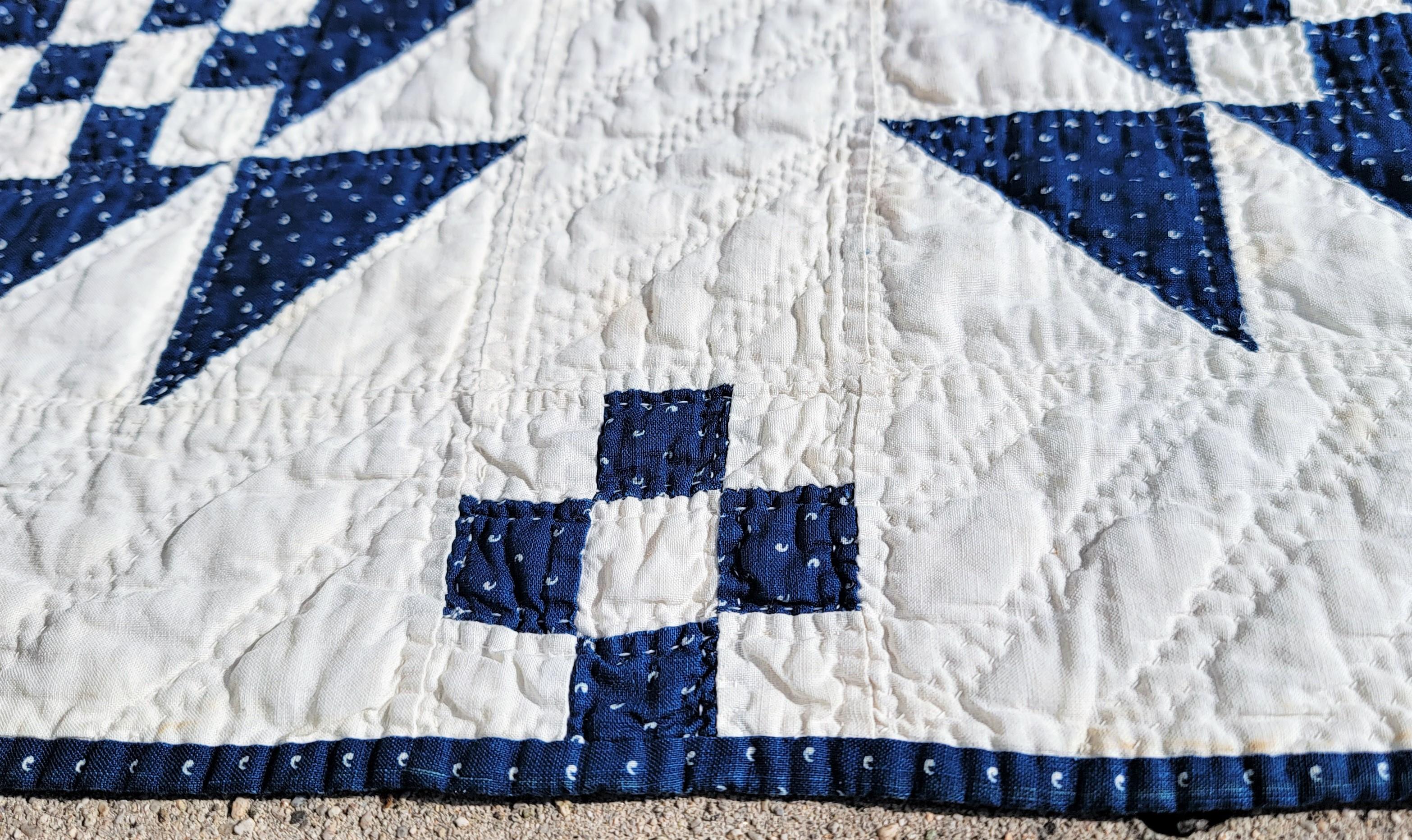 19th Century 19thc Blue & White Geometric Nine Patch Quilt