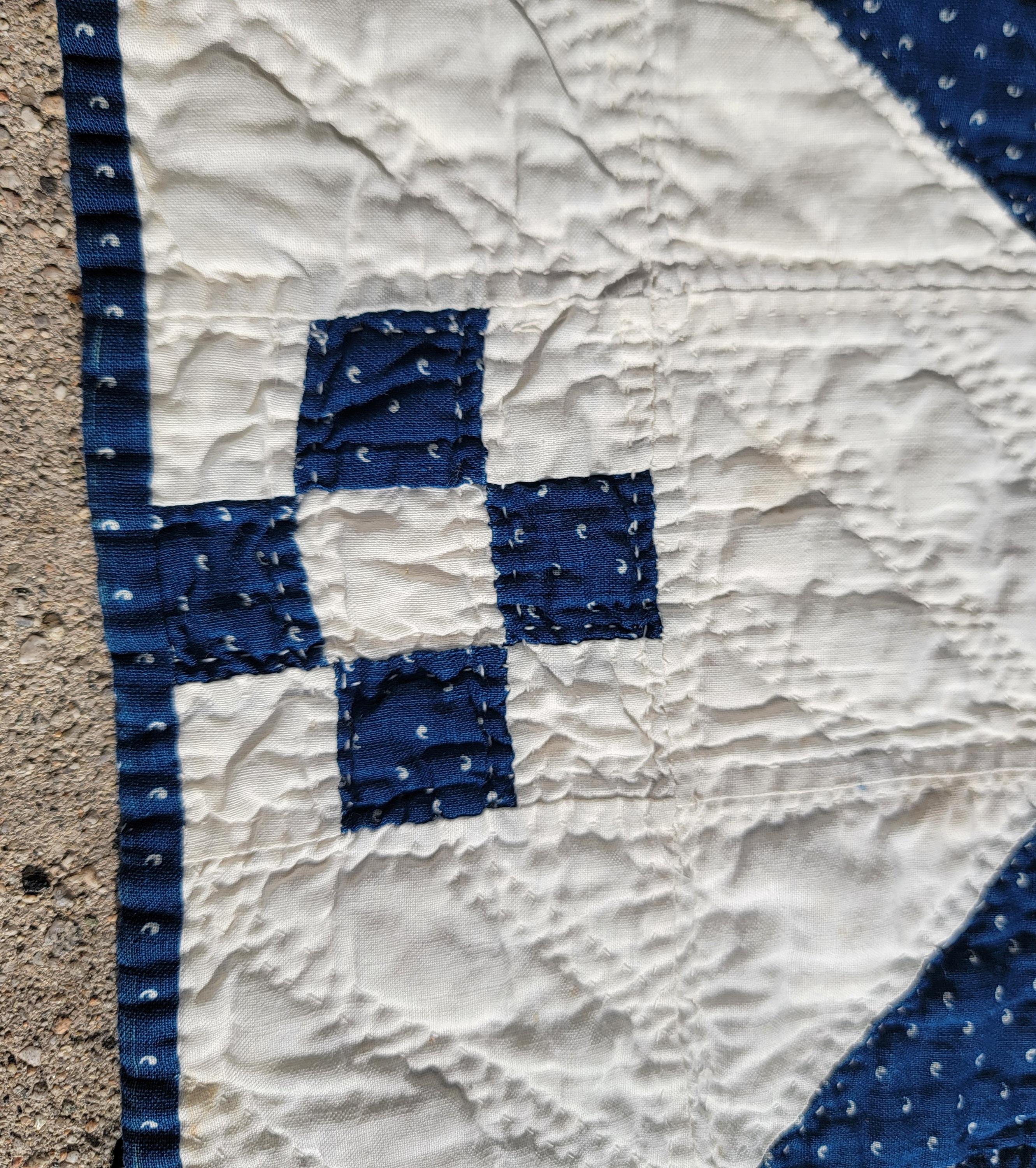 Cotton 19thc Blue & White Geometric Nine Patch Quilt