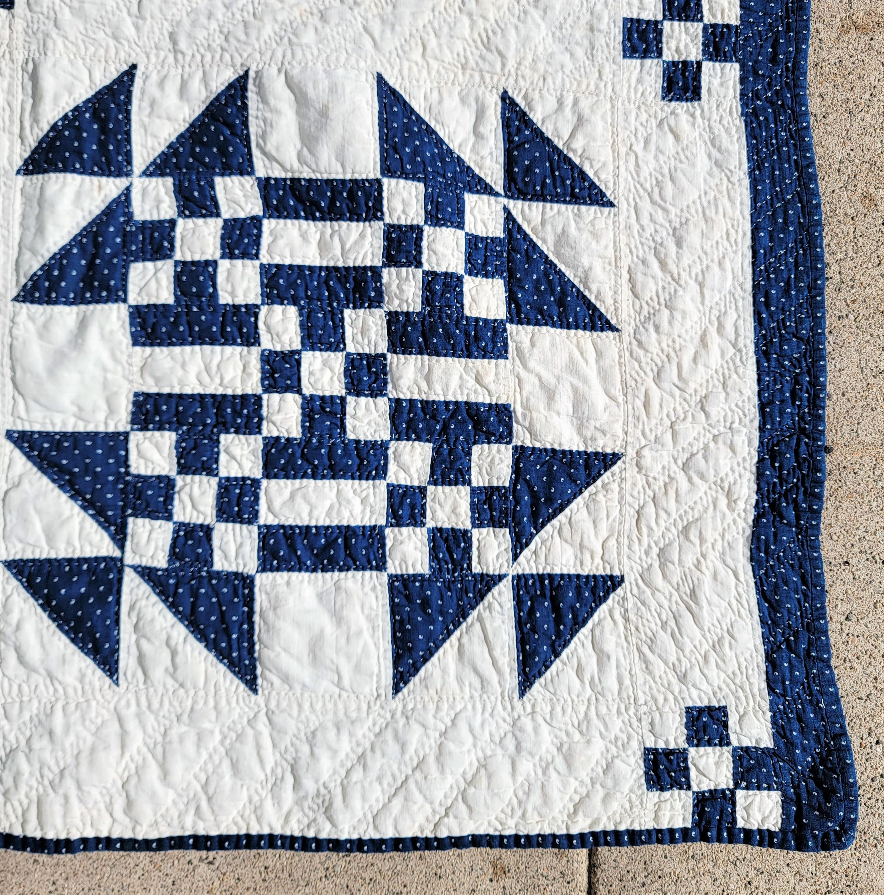 19thc Blue & White Geometric Nine Patch Quilt 1