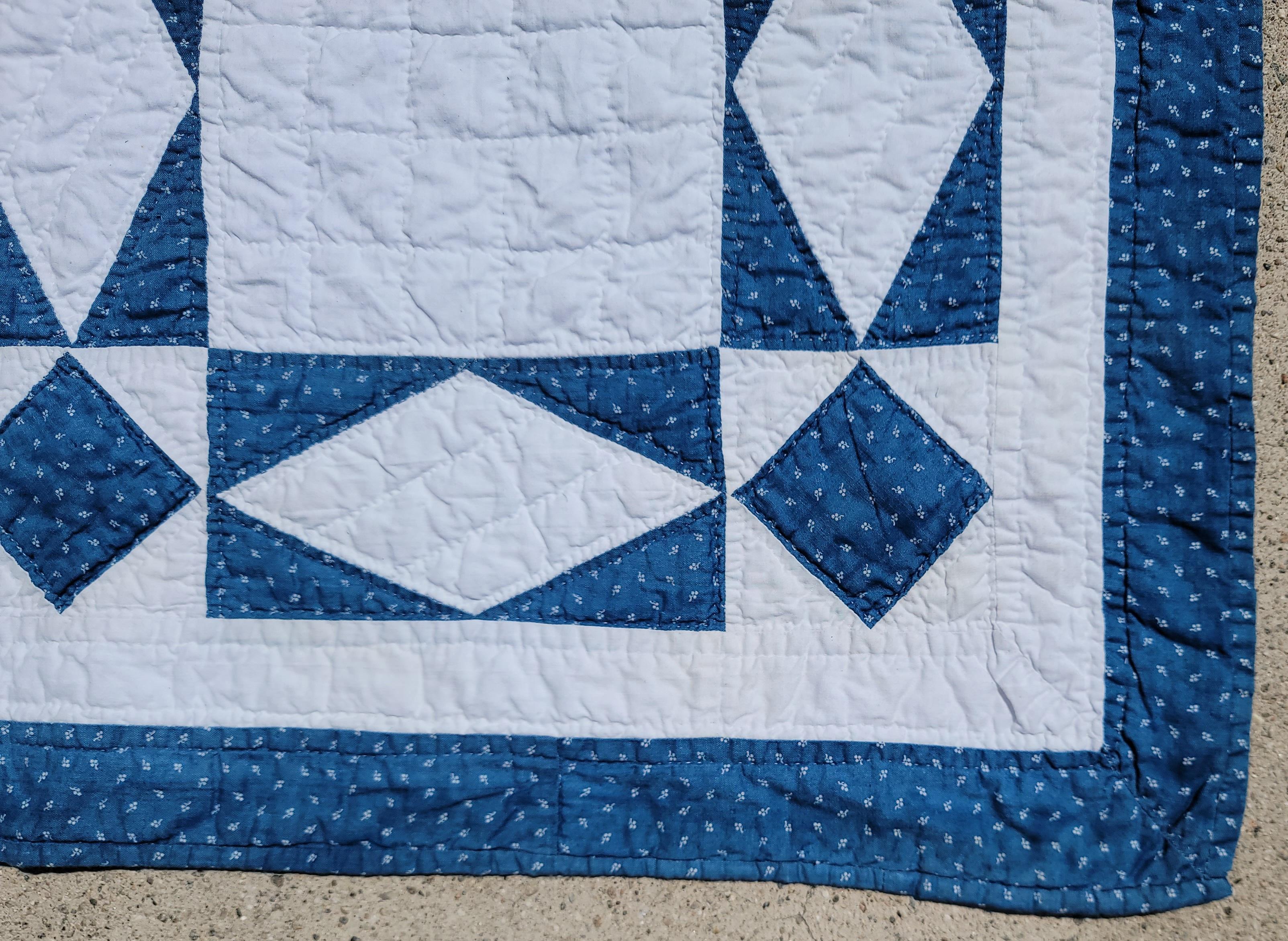 Hand-Crafted 19thc Blue & White Geometric Stars Quilt