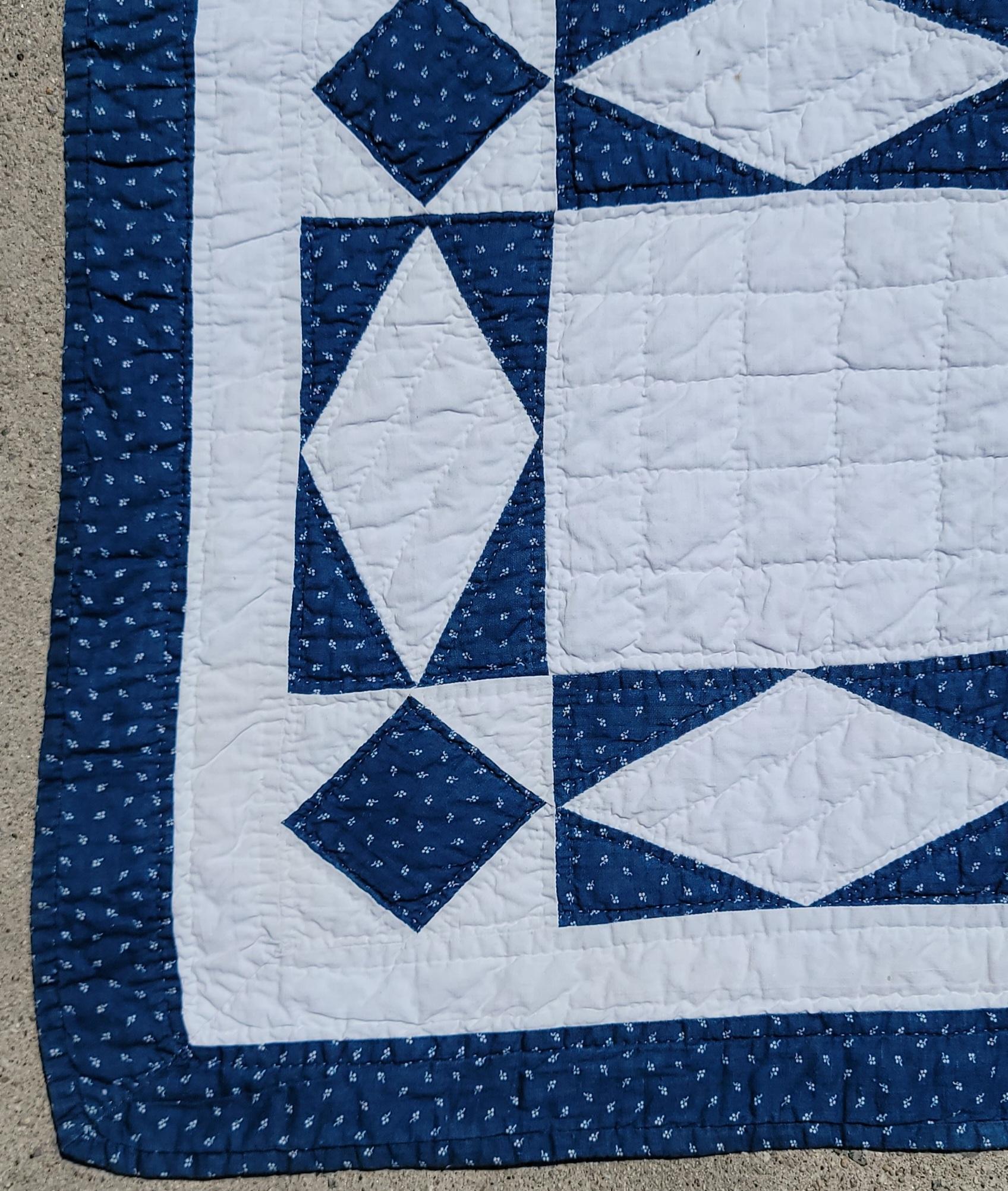 Cotton 19thc Blue & White Geometric Stars Quilt