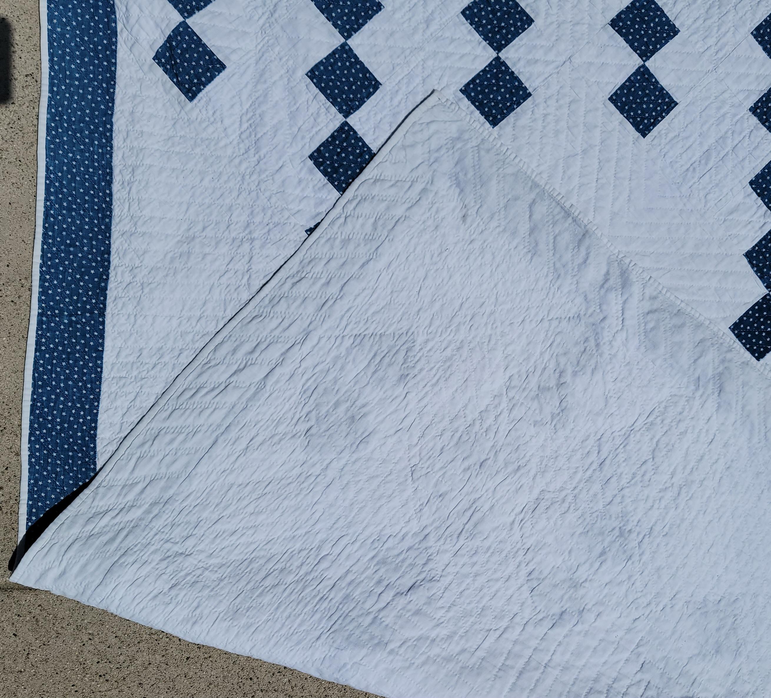 Hand-Crafted 19th Century Blue & White Irish Chain Quilt For Sale