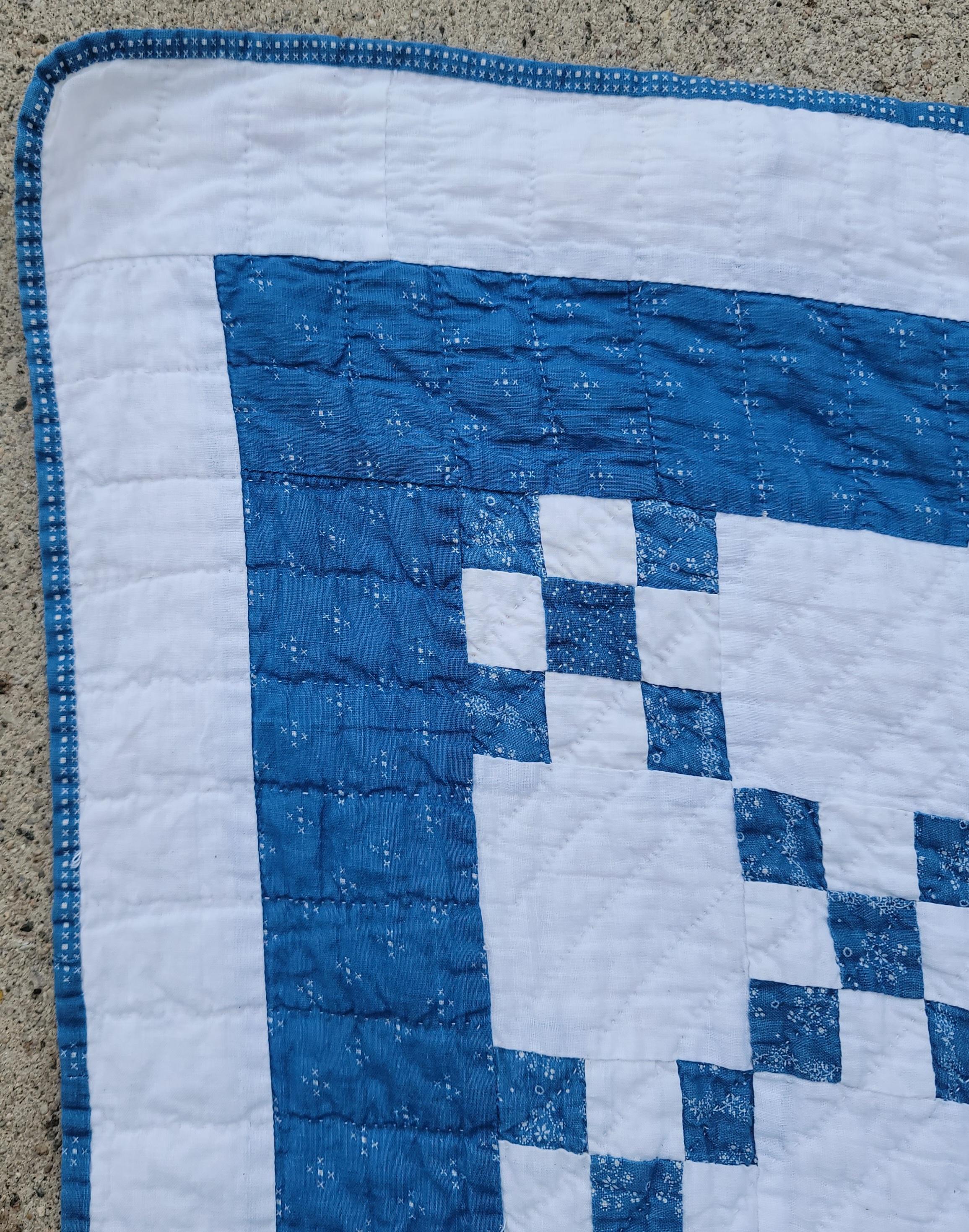 Hand-Crafted 19th Century Blue & White Postage Stamp Quilt For Sale