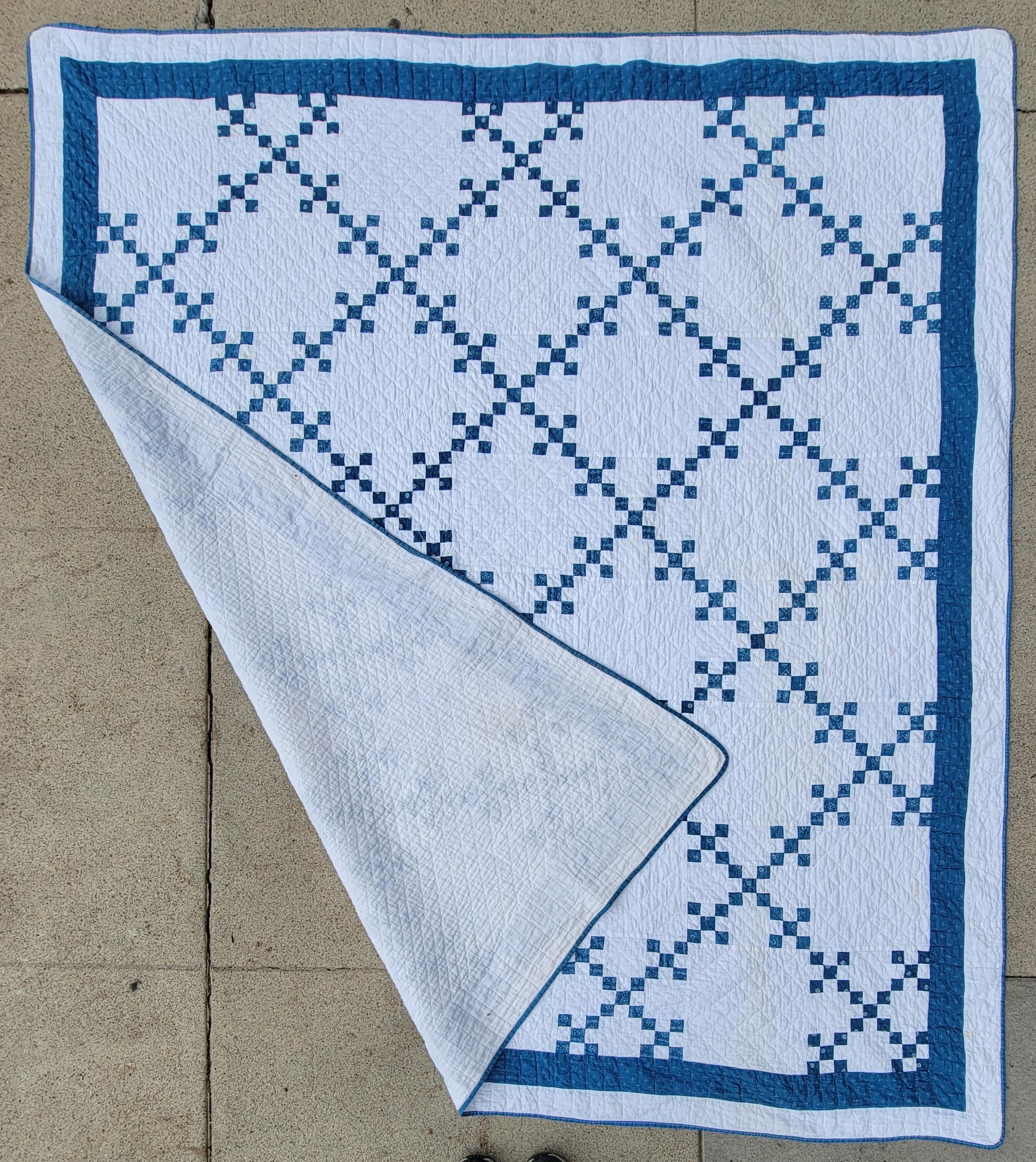 19th Century Blue & White Postage Stamp Quilt In Good Condition For Sale In Los Angeles, CA