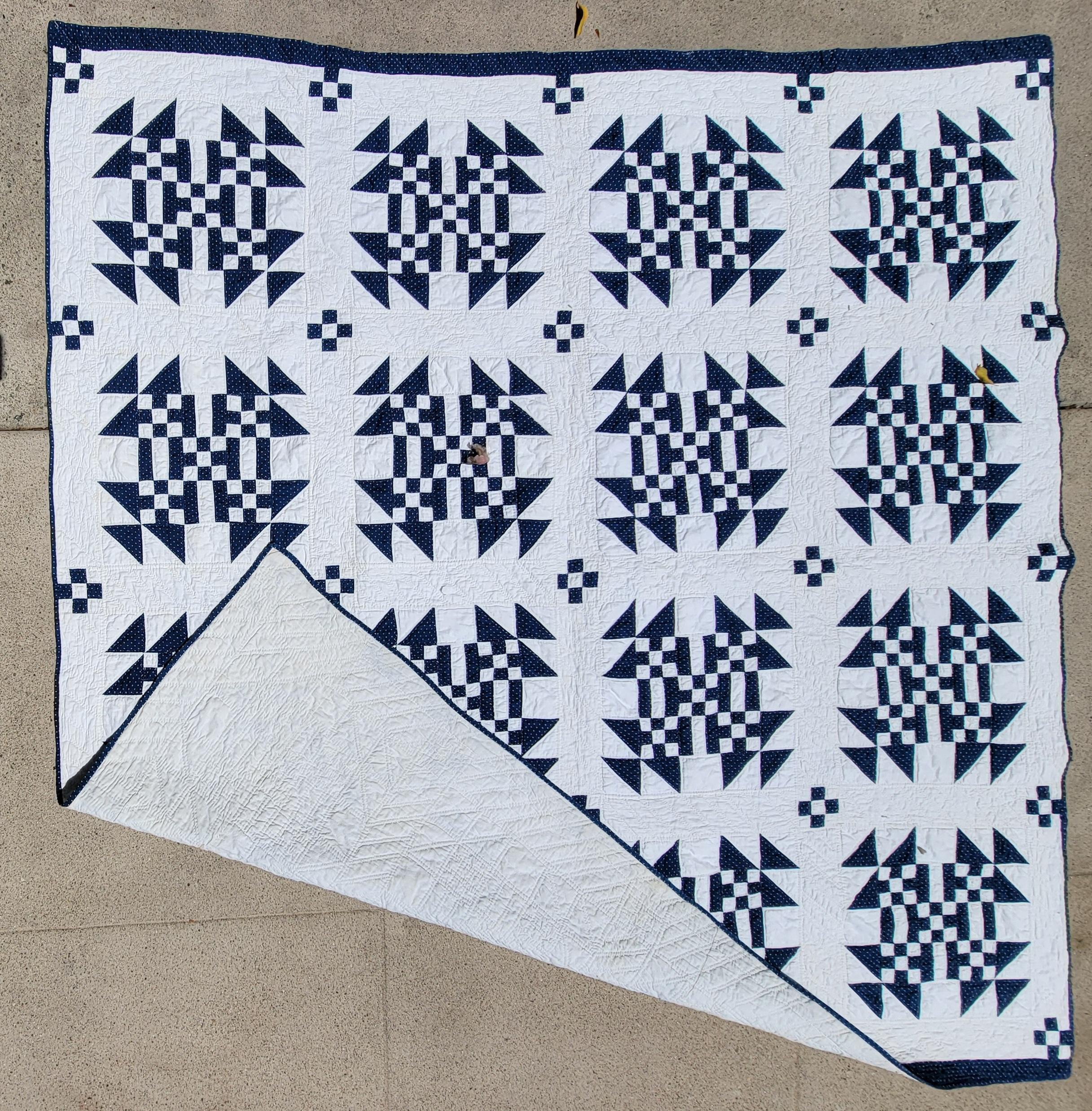 This 19thc early postage stamp quilt with a geometric pattern is pristine condition.This indigo & white quilt is so unusual and fantastic piecing.