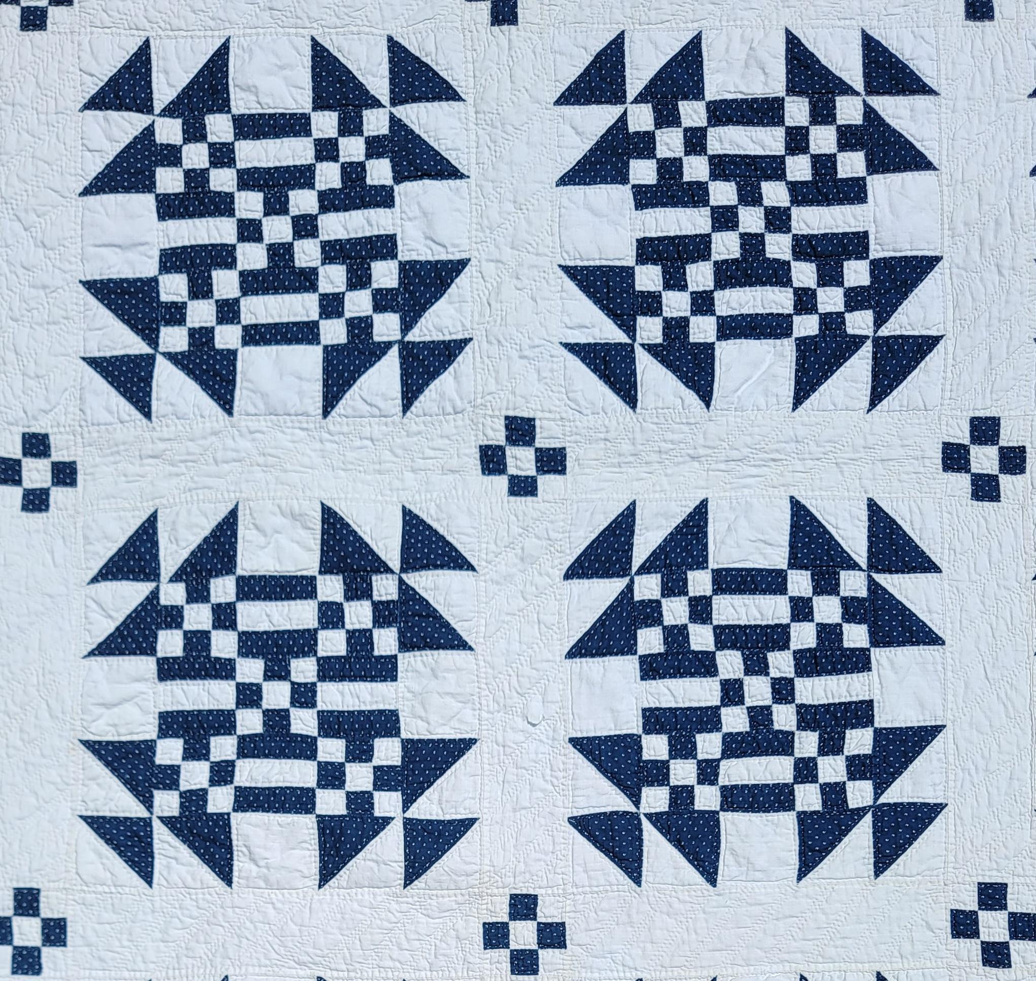 Country 19thc Blue & White Postage Stamp Variation Quilt