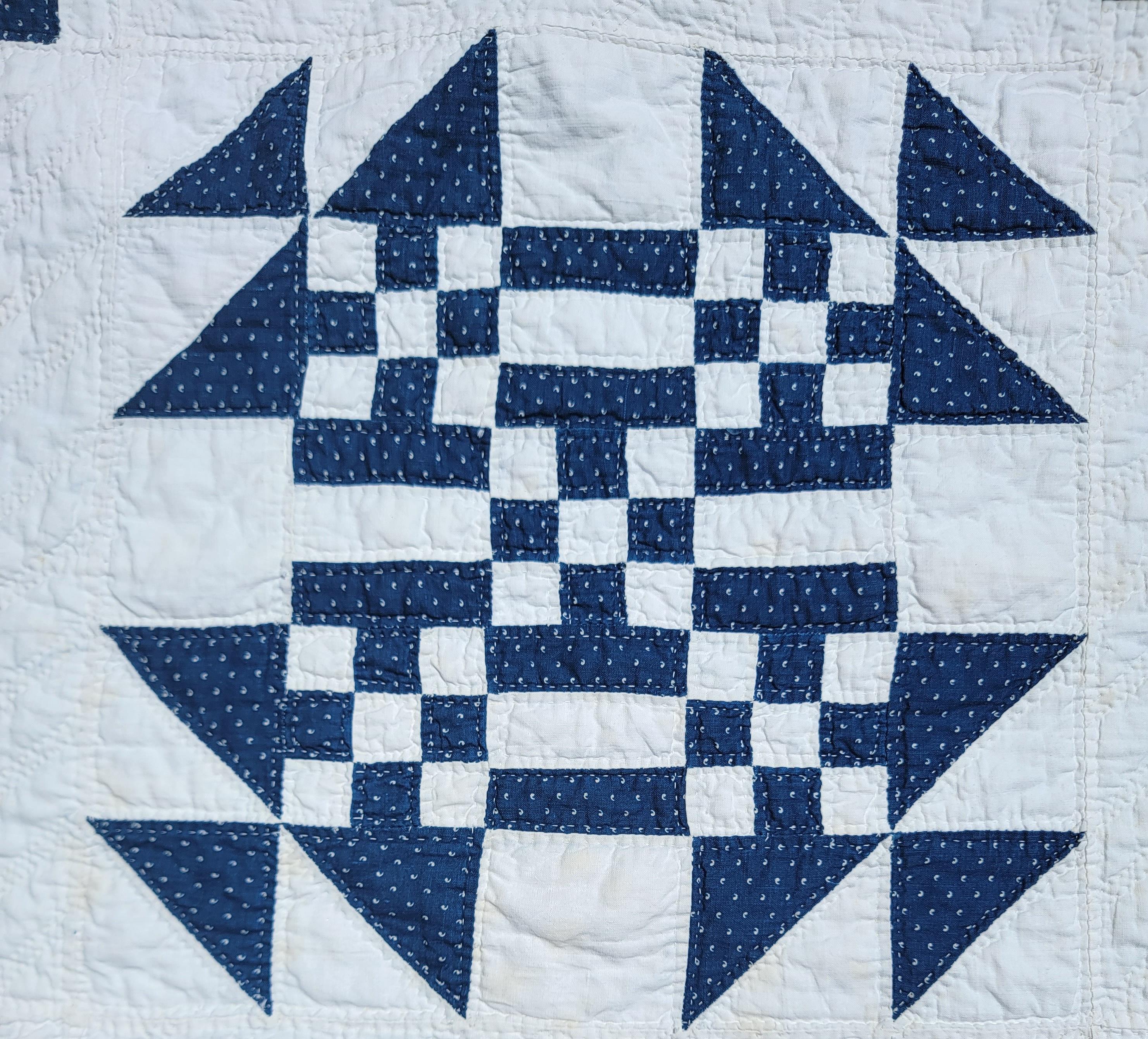 Hand-Crafted 19thc Blue & White Postage Stamp Variation Quilt