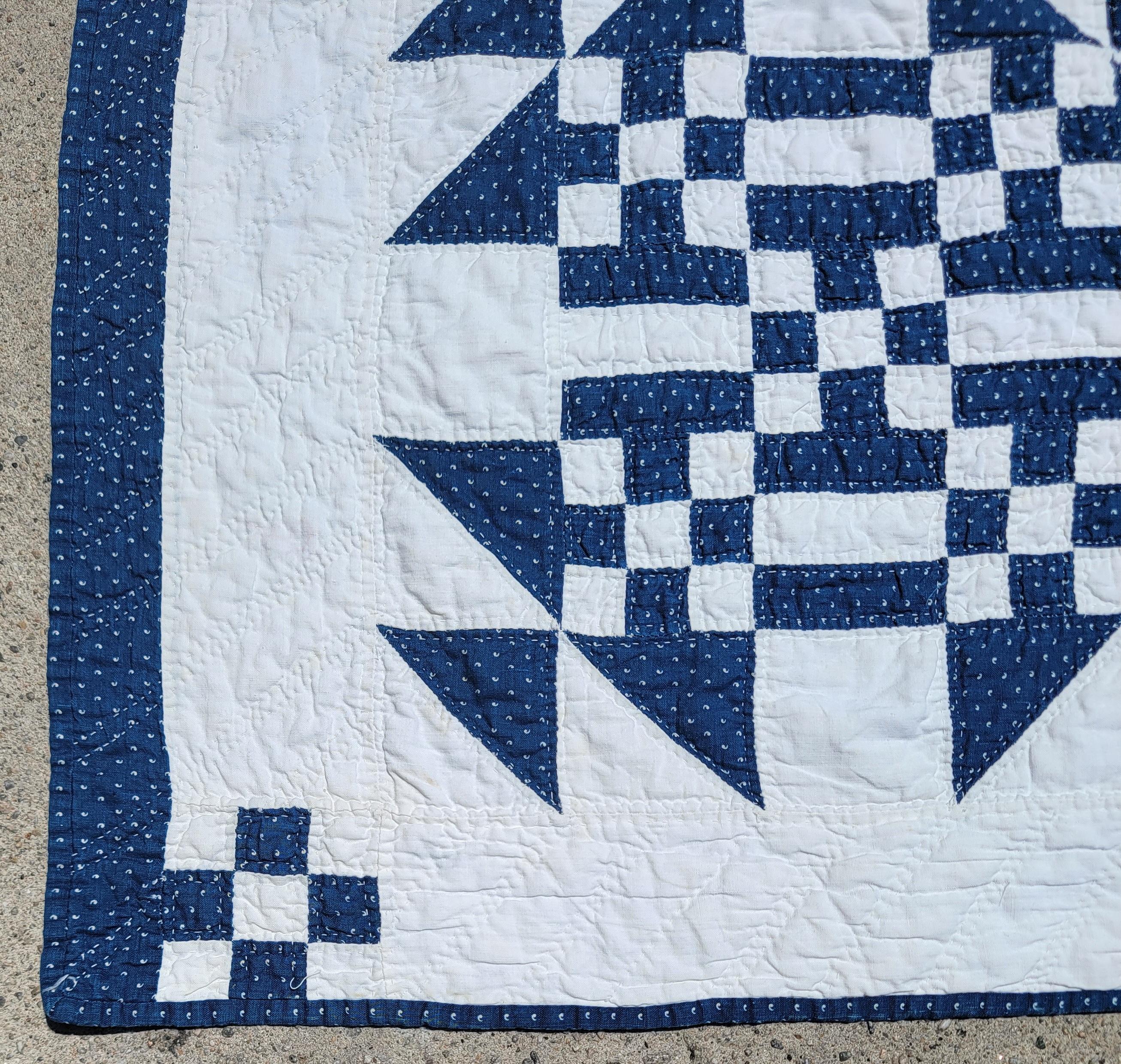 19th Century 19thc Blue & White Postage Stamp Variation Quilt