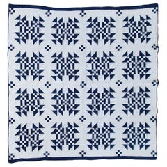 Antique 19thc Blue & White Postage Stamp Variation Quilt