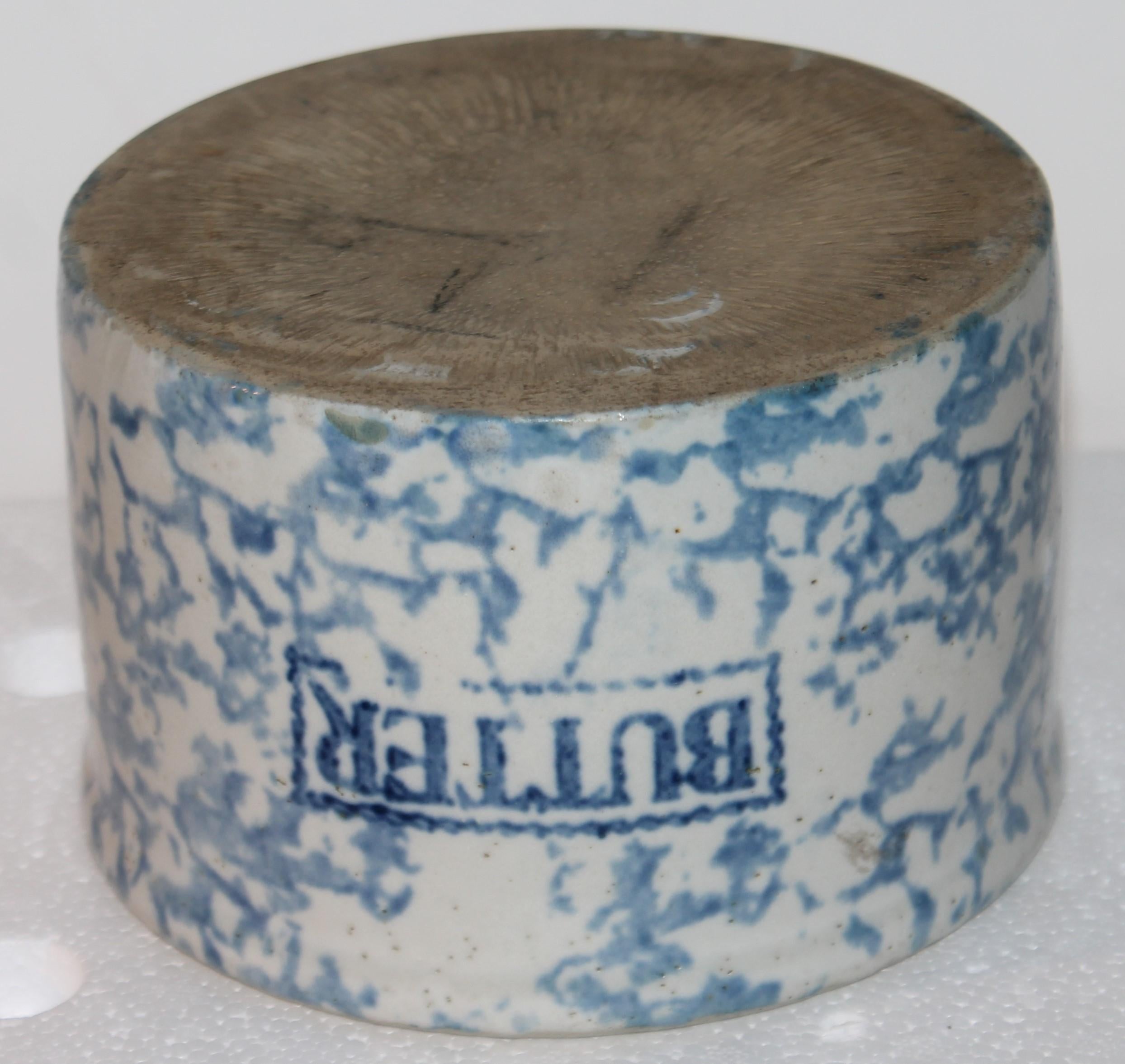 19th Century 19Thc Blue & White Sponge Ware Pottery Butter Crocks, 4 For Sale