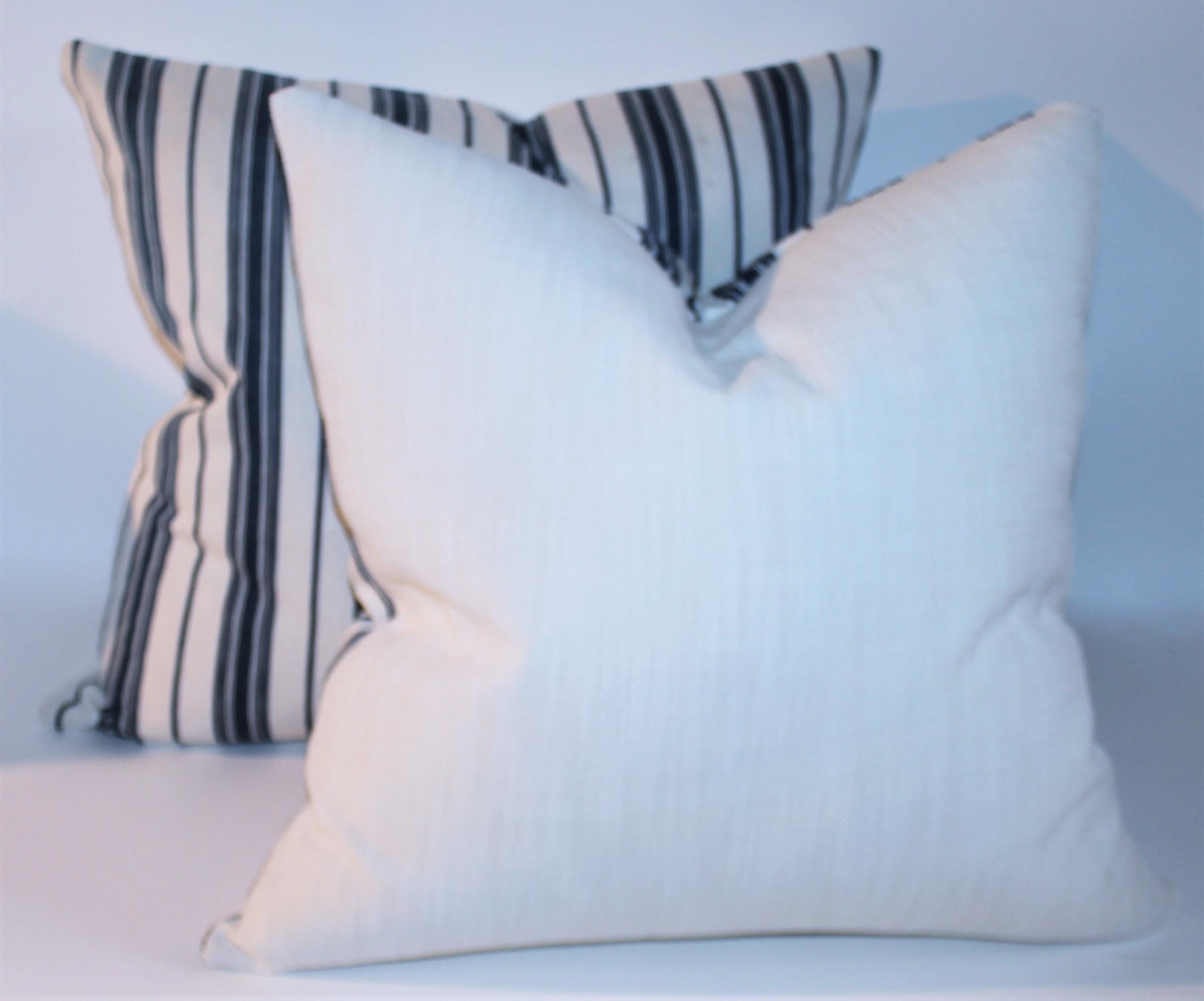 19Thc Blue & White Ticking Pillows, Pair In Good Condition For Sale In Los Angeles, CA