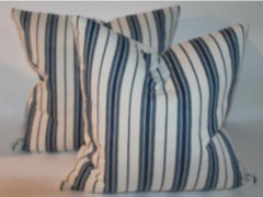 19Thc Blue & White Ticking Pillows, Pair