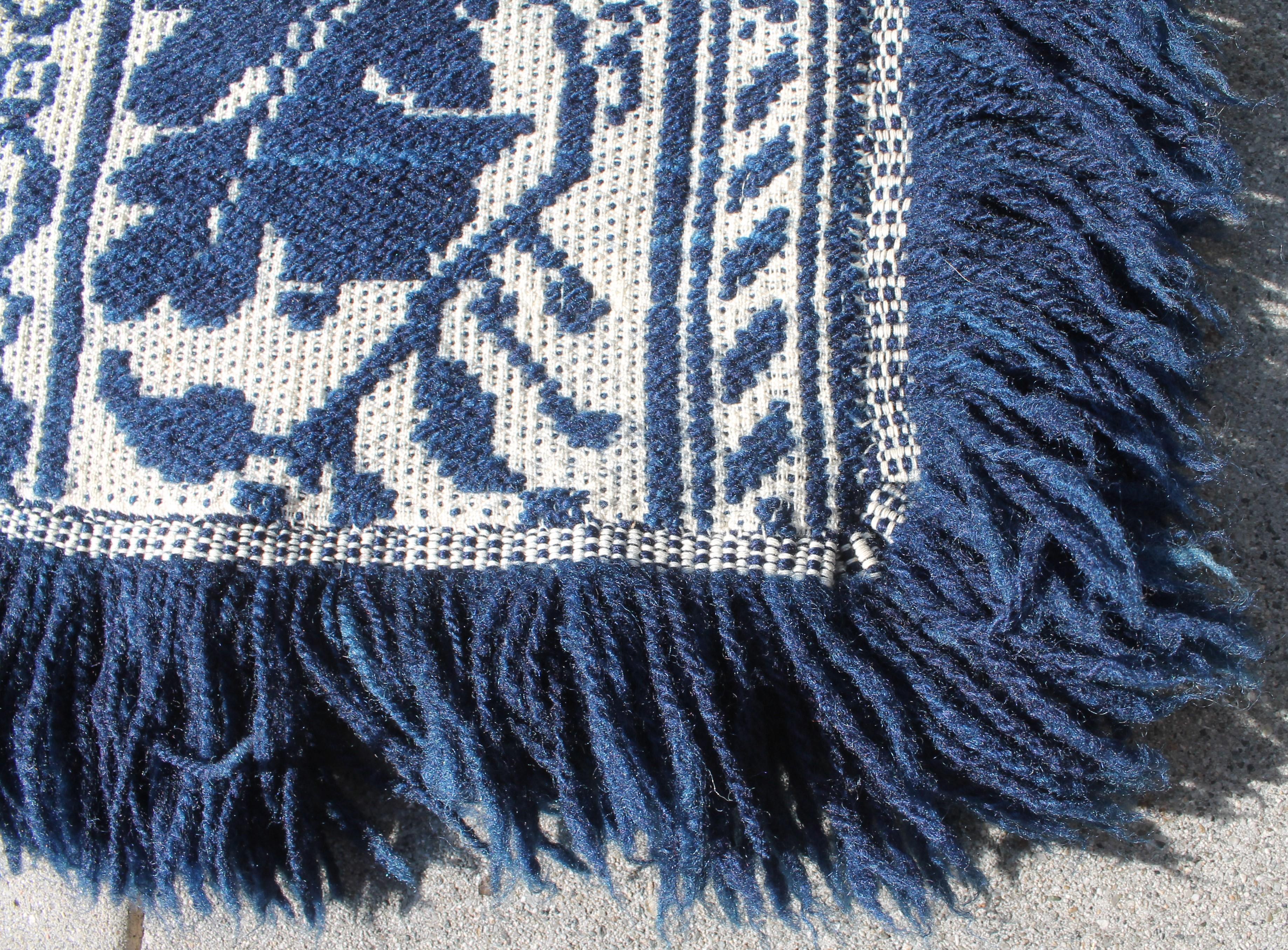 Cotton 19Thc Blue & White Woven Jacquard Coverlet From Pennsylvania For Sale