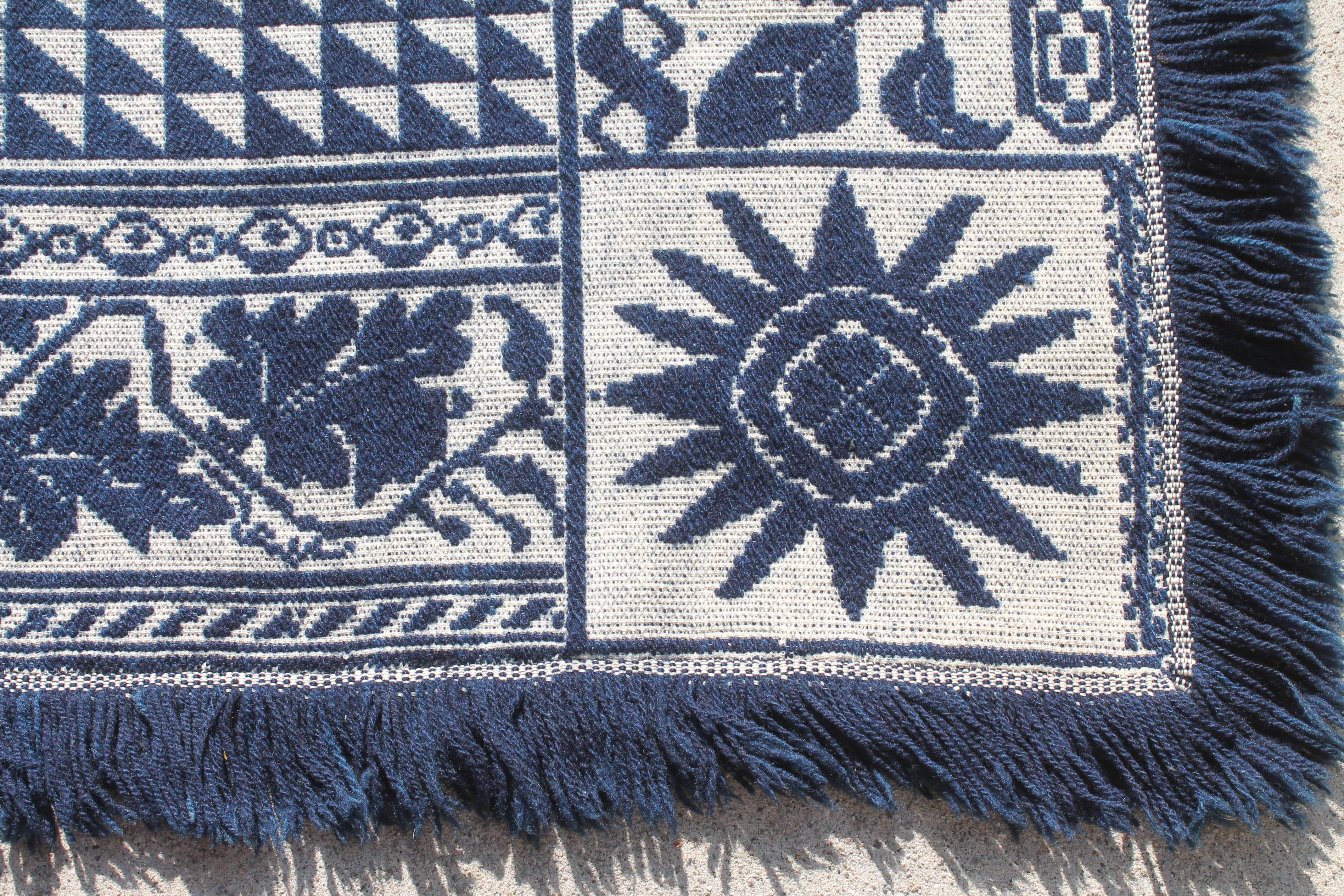 19Thc Blue & White Woven Jacquard Coverlet From Pennsylvania 1