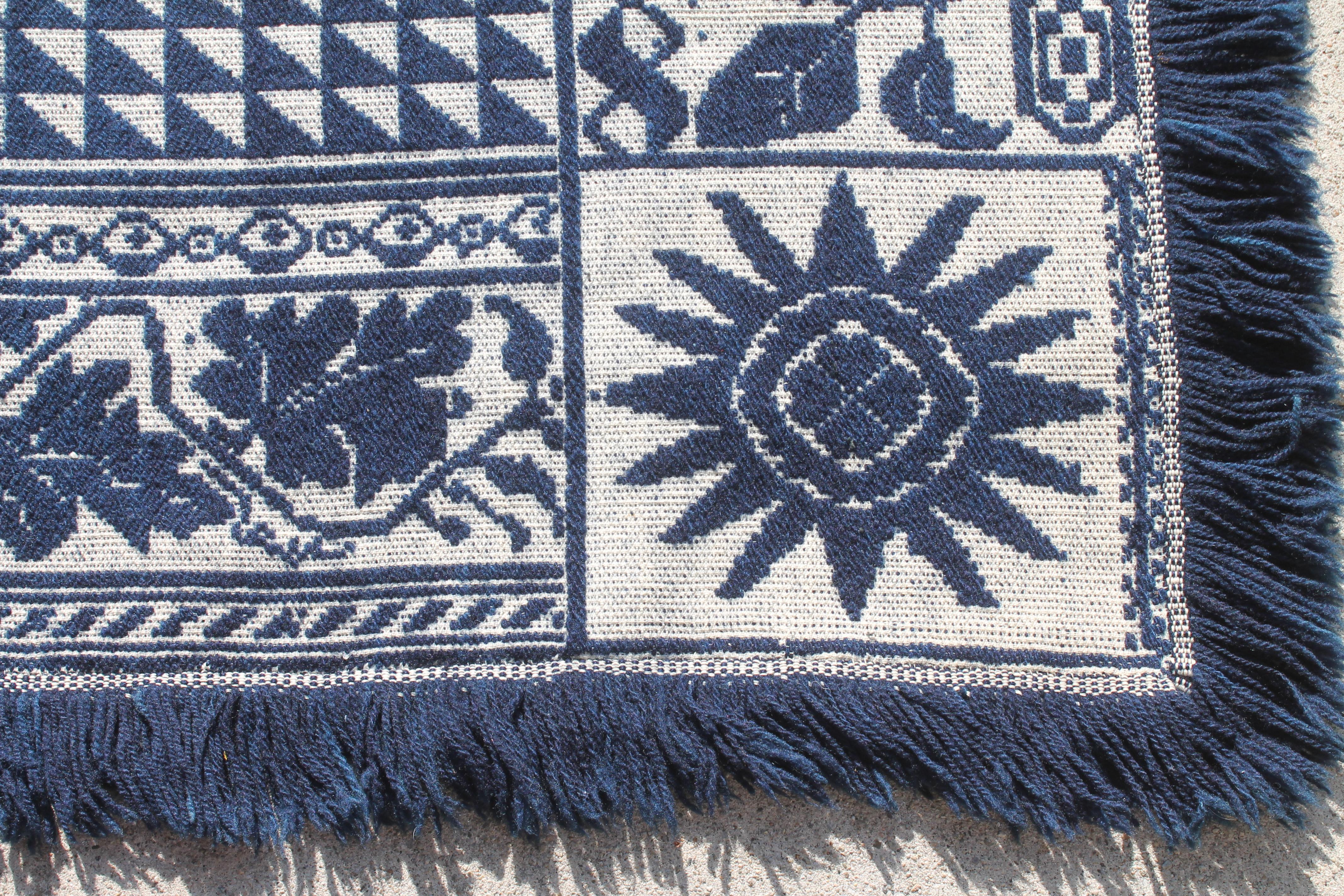 19Thc Blue & White Woven Jacquard Coverlet From Pennsylvania For Sale 1