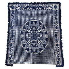 19Thc Blue & White Woven Jacquard Coverlet From Pennsylvania