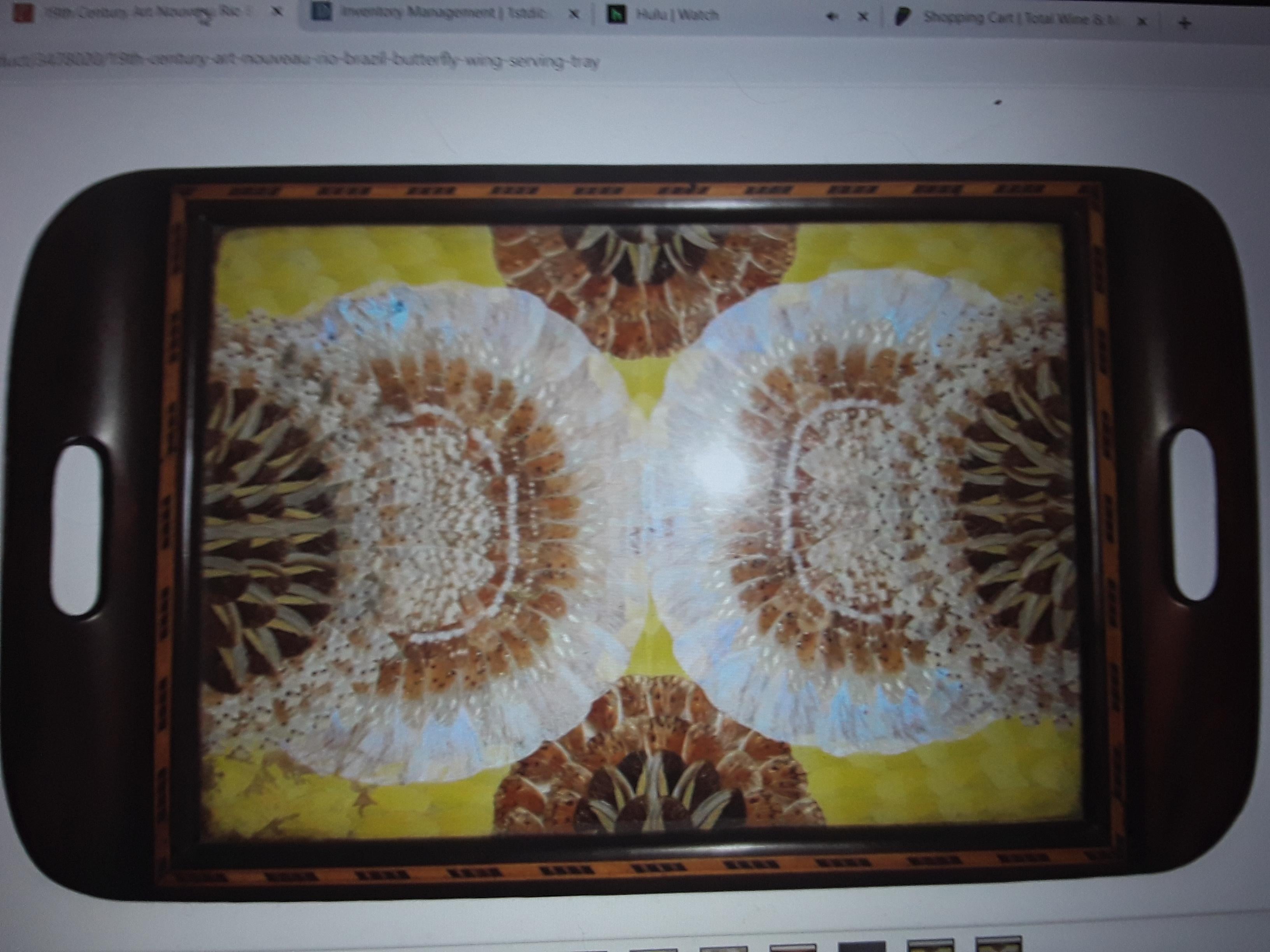 19thc Brazilian Rio Art Nouveau Signed Butterfly Wing Art- Serving Tray - Signed For Sale 5