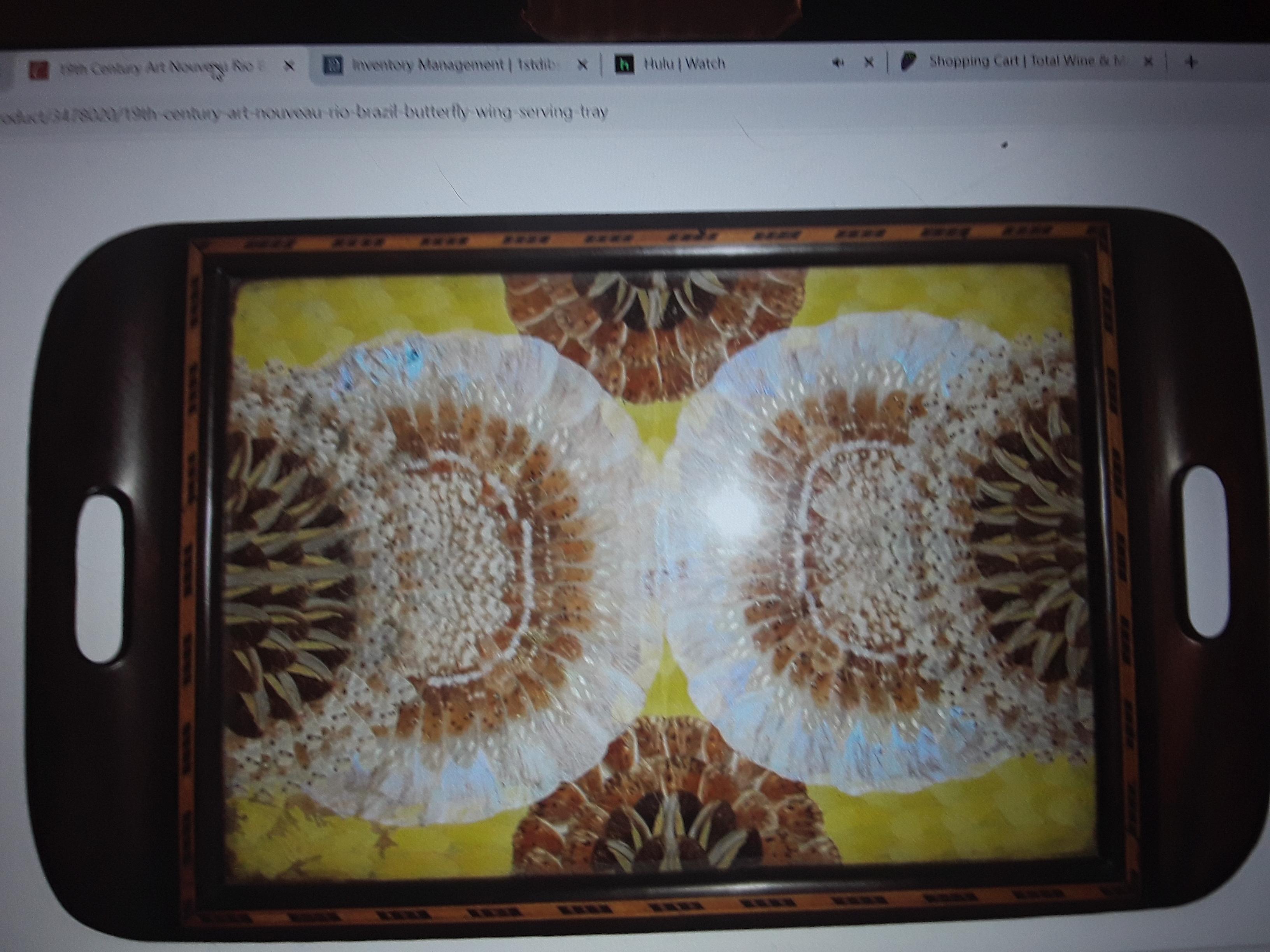 19thc Brazilian Rio Art Nouveau Signed Butterfly Wing Art- Serving Tray - Signed For Sale 6