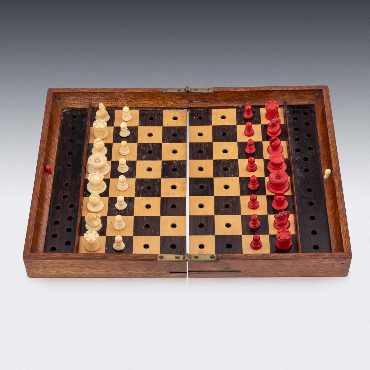 Antique late 19th Century Victorian mahogany cased chess set in its original leather case. 

If the award winning Netflix series 'The Queens Gambit' did not tempt you into the world of chess, then perhaps opening this litle beauty on holiday with a