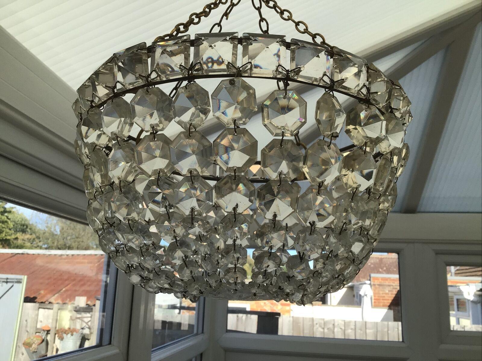 19thc British Regency style Chandelier/ Pendant Cut Crystal Ceiling Fixture. Bag of crystal style. Reminescent of Empire bag and tent form.