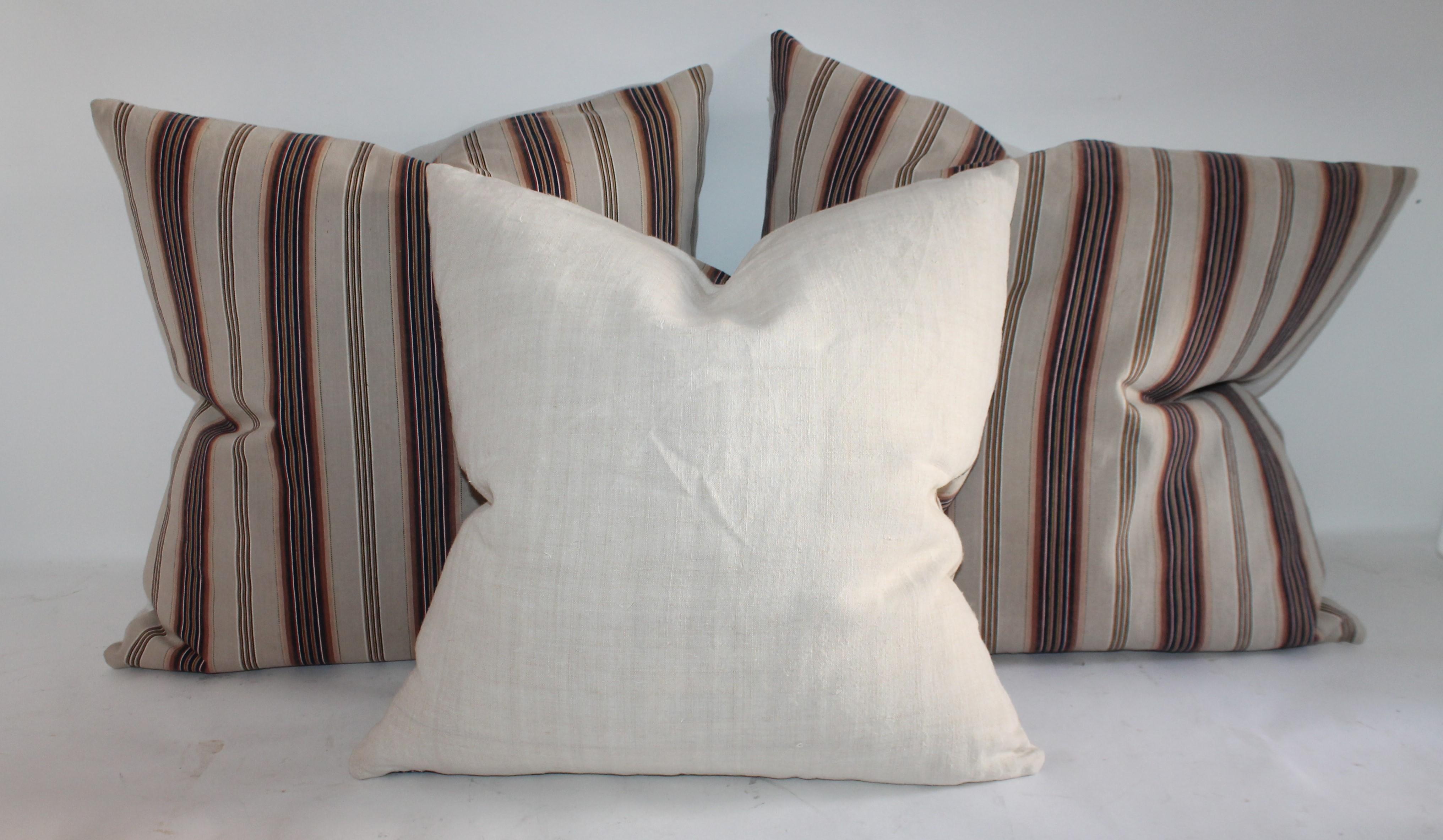 American 19th Century Brown and Blue Ticking Pillows, 3 For Sale