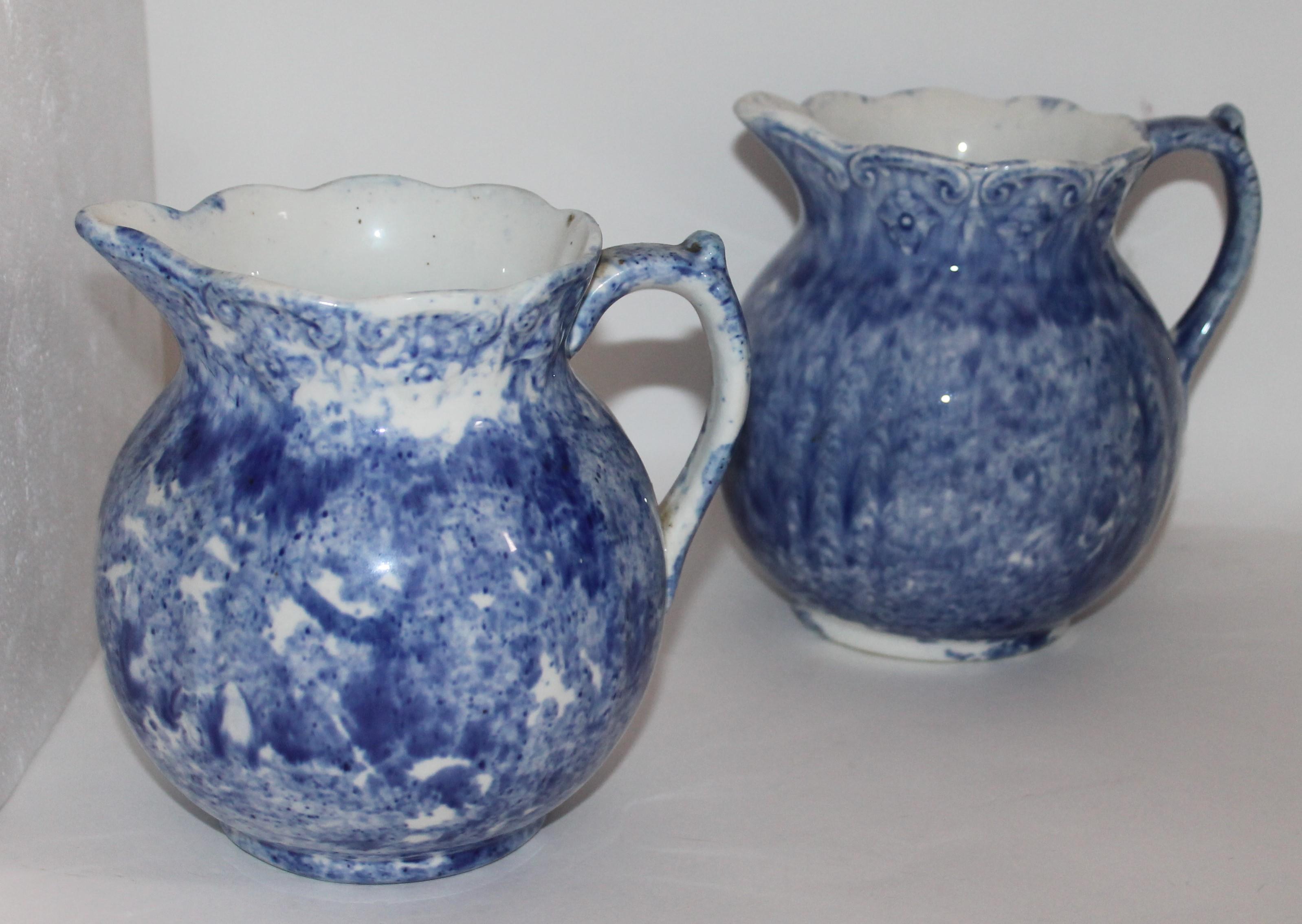 American 19th Century Bulbous Sponge Ware Pitcher Collection, 8 Pieces For Sale