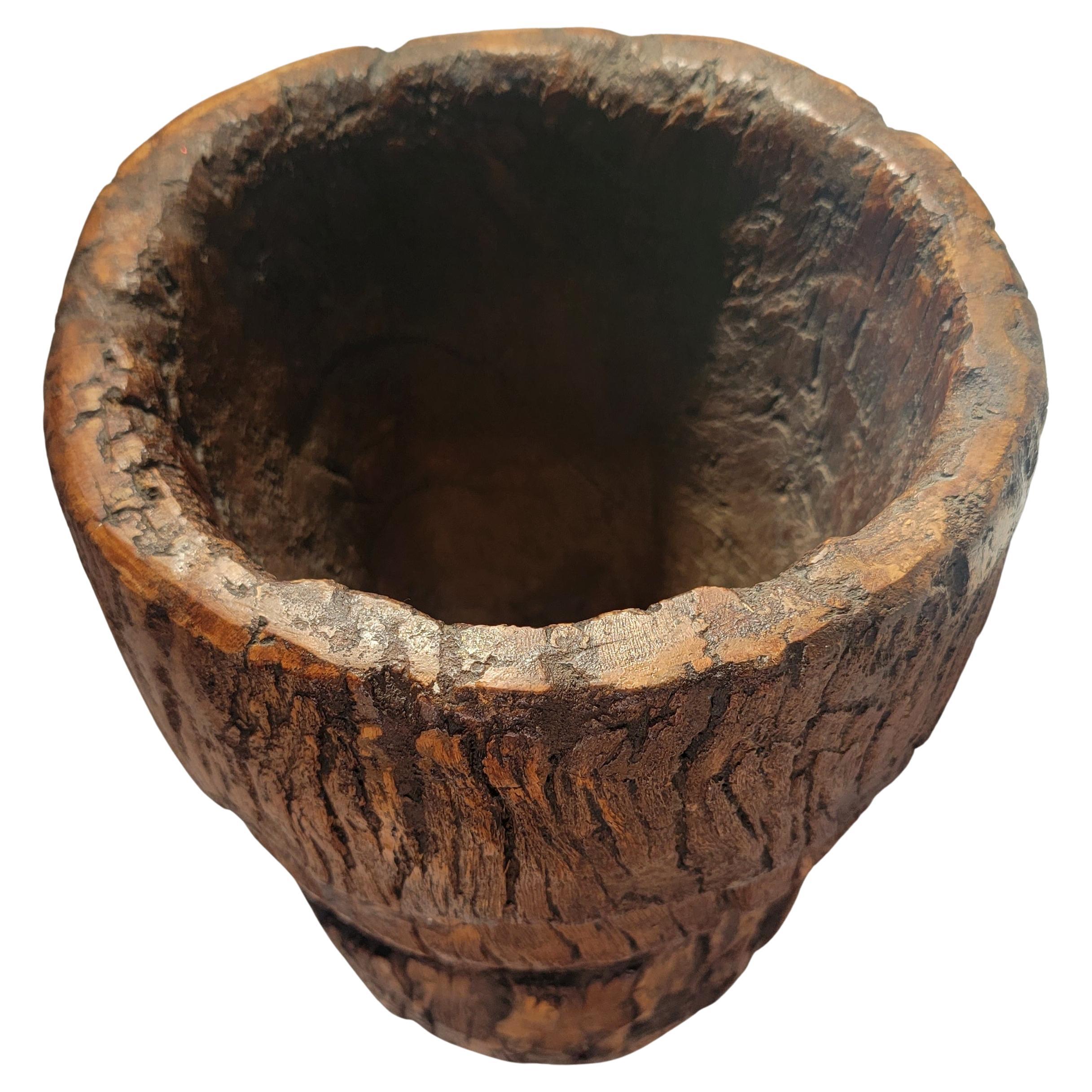 Hand-Carved 19thc Burl Wood Bucket/Container For Sale
